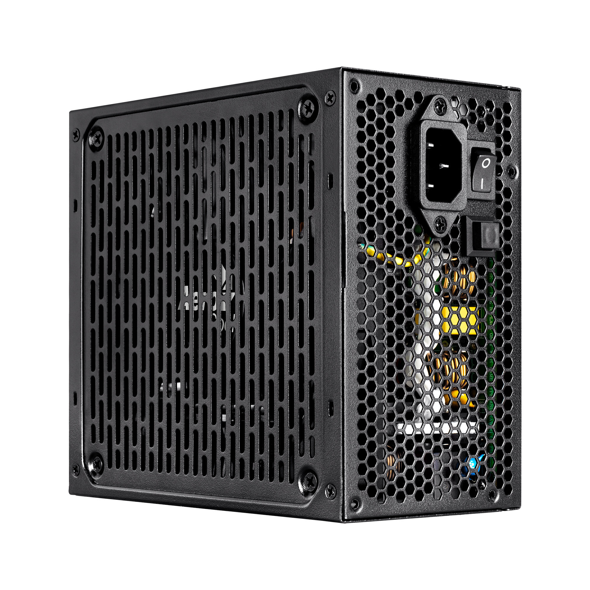 Alimentatore nero per computer, con griglia a nido d'ape e varie porte e connessioni.