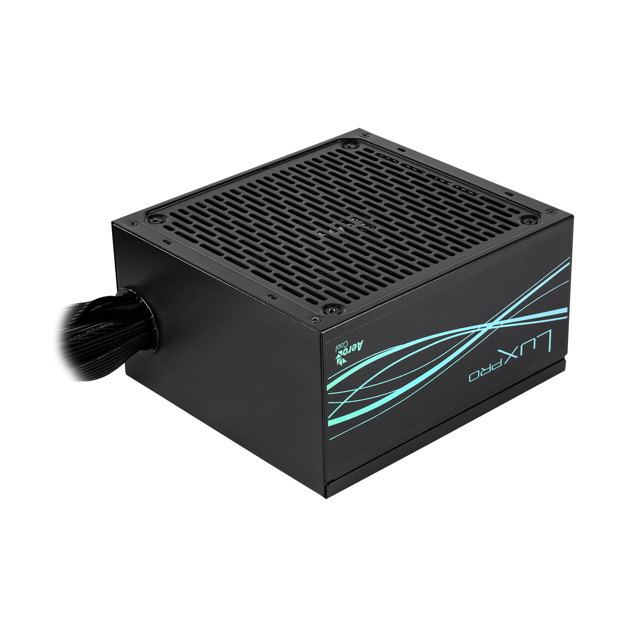 Un alimentatore per computer nero con un top a rete e il testo 'LUXPRO' e 'AeroCool'.