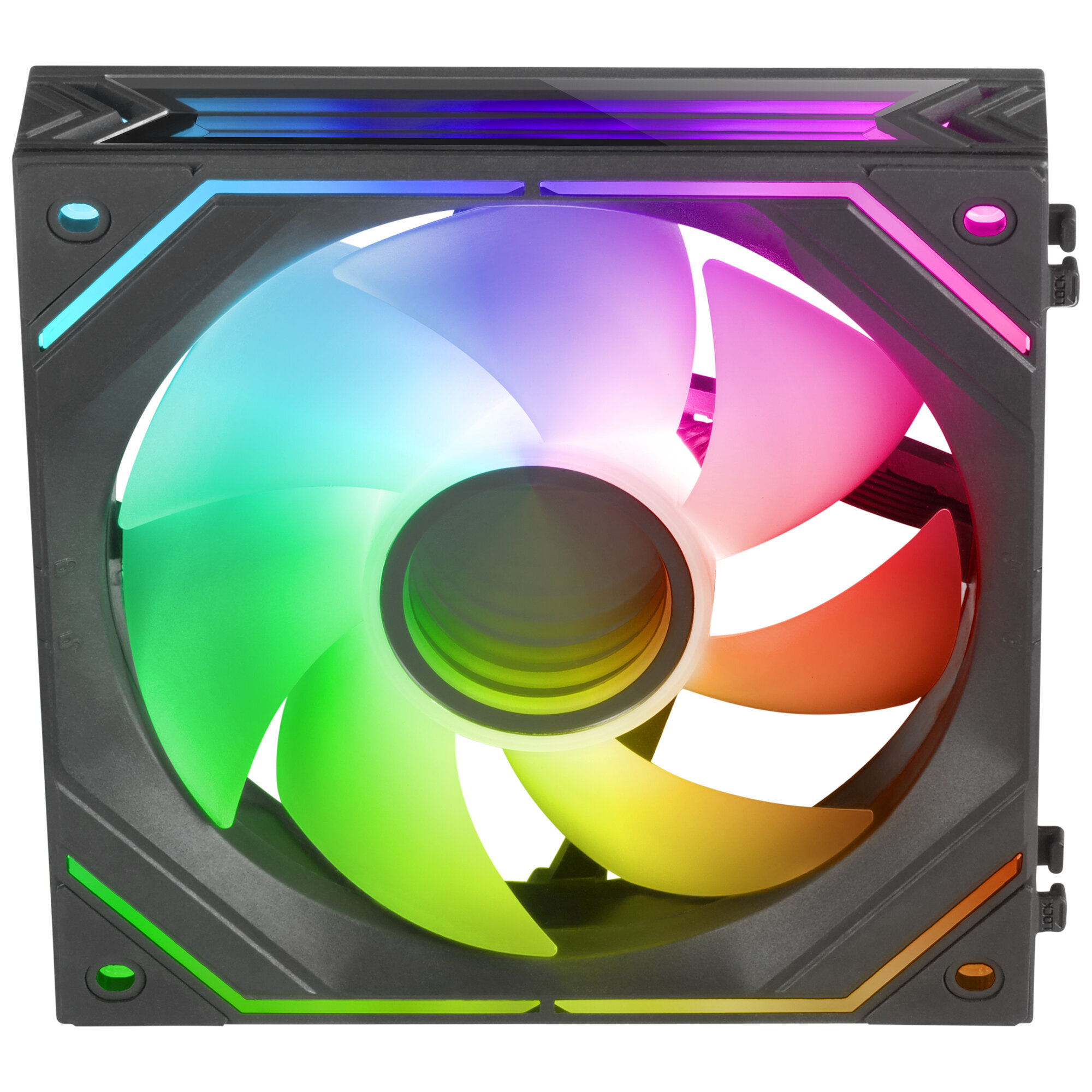 Una ventola per computer con pale multicolore. La ventola è nera, le pale hanno colori arcobaleno.