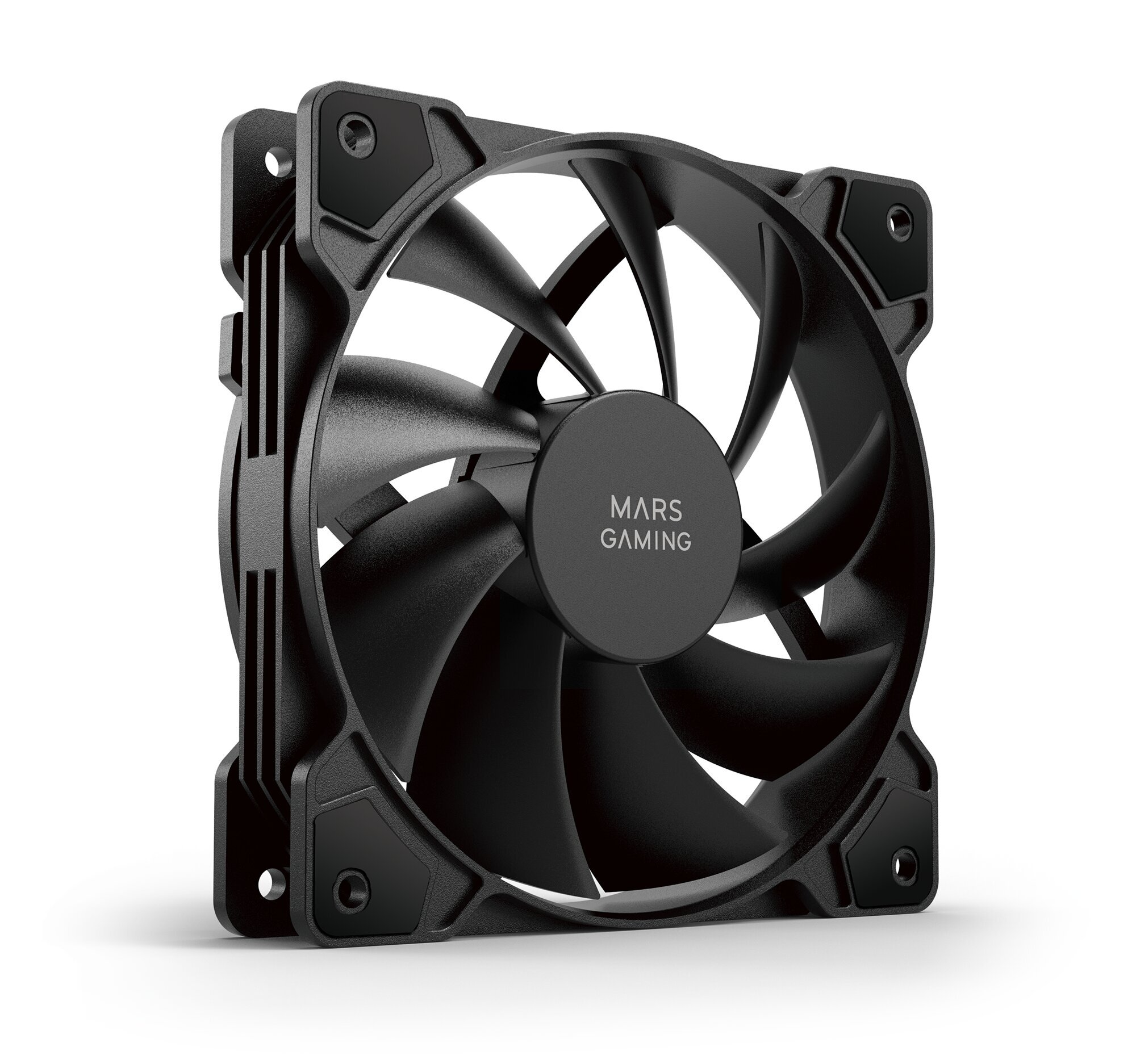 Czarny wentylator komputerowy z siedmioma łopatkami i logo MARS GAMING na białym tle.