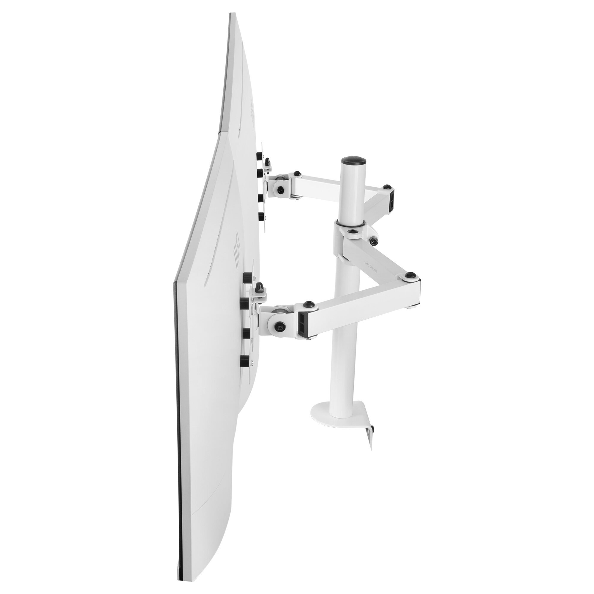 Un soporte de monitor blanco con un monitor adjunto. El soporte es ajustable. Vista lateral.