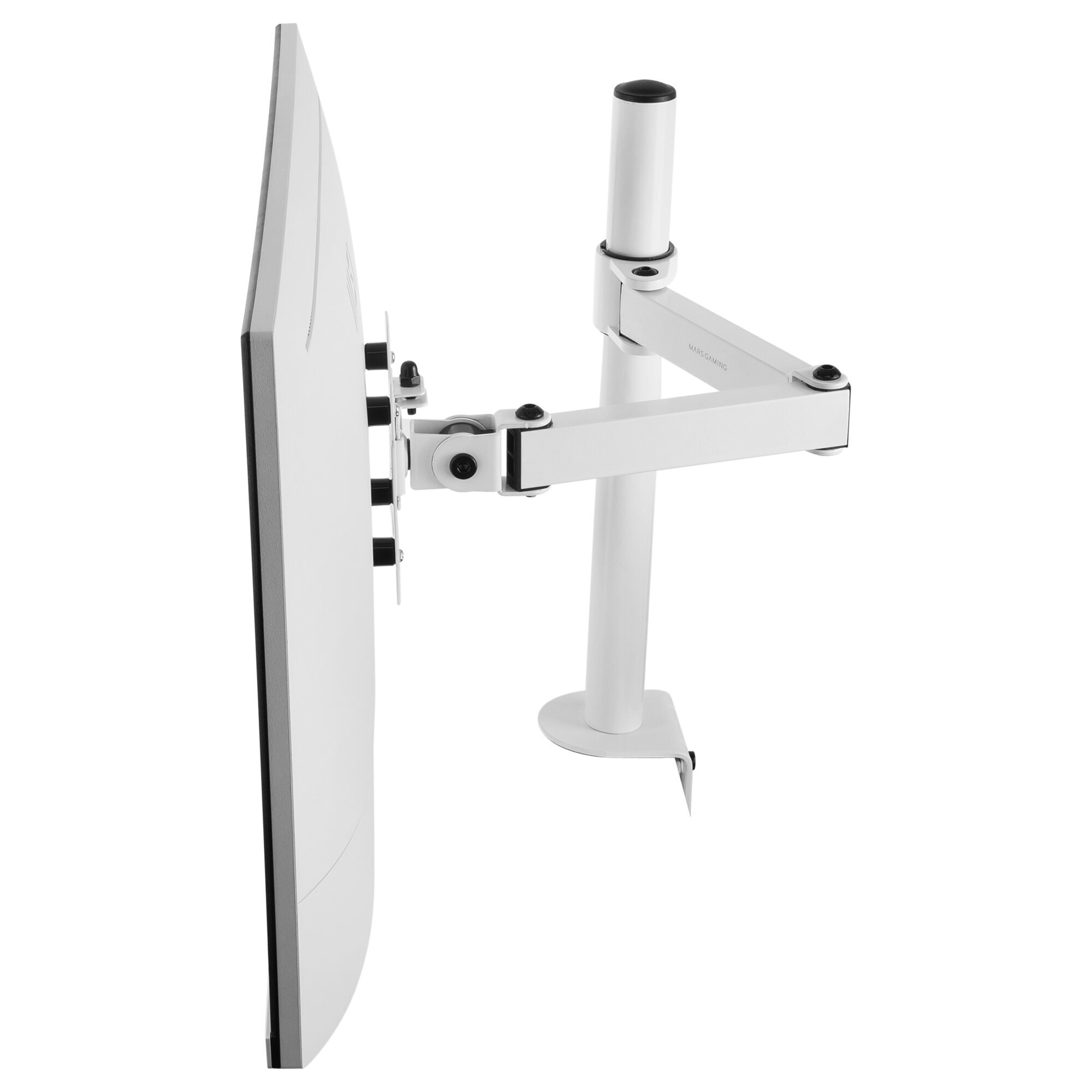 Brazo de monitor blanco, con un monitor adjunto. Tiene un poste vertical y un brazo articulado.