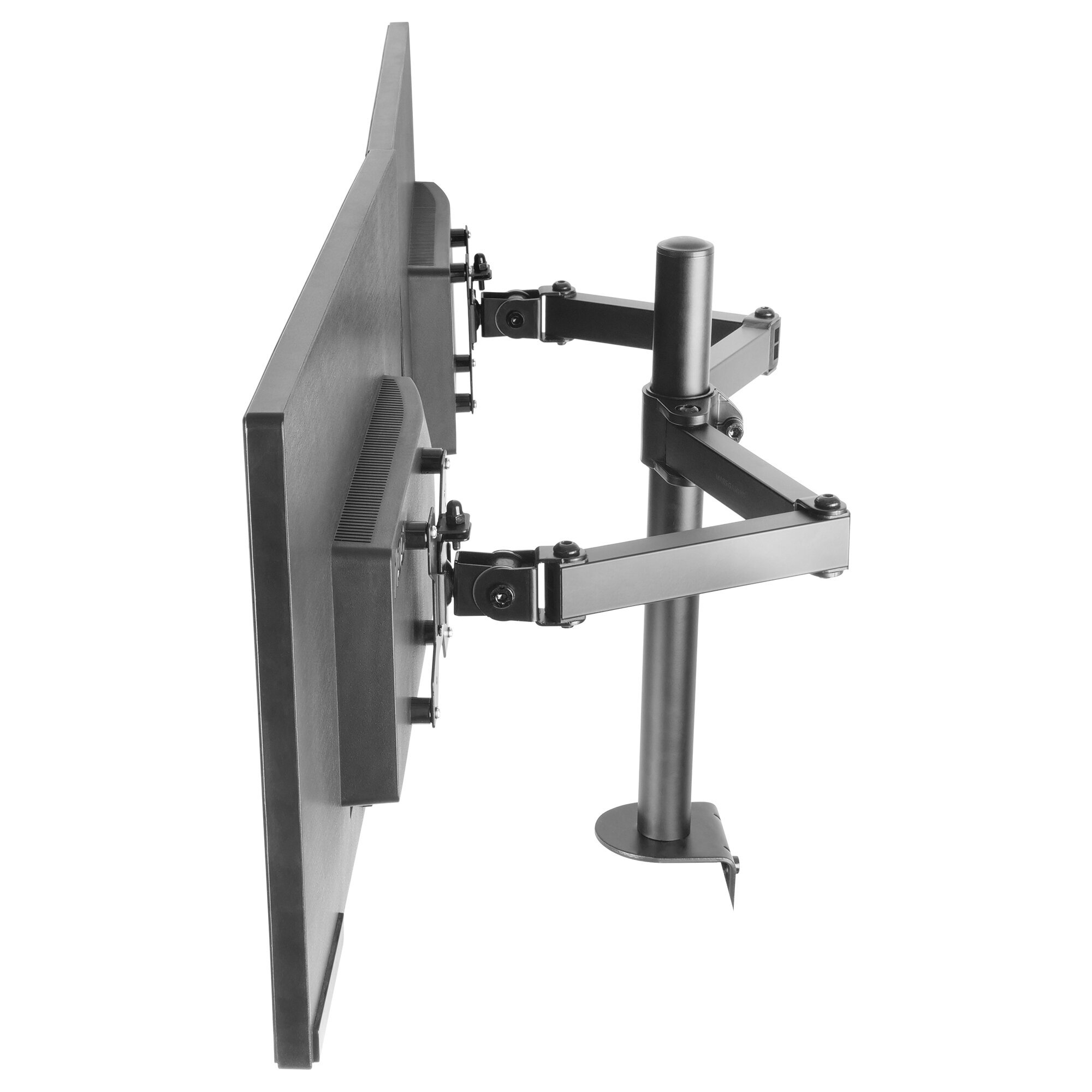 Soporte para monitor. Dos monitores montados en un soporte negro. Vista lateral.