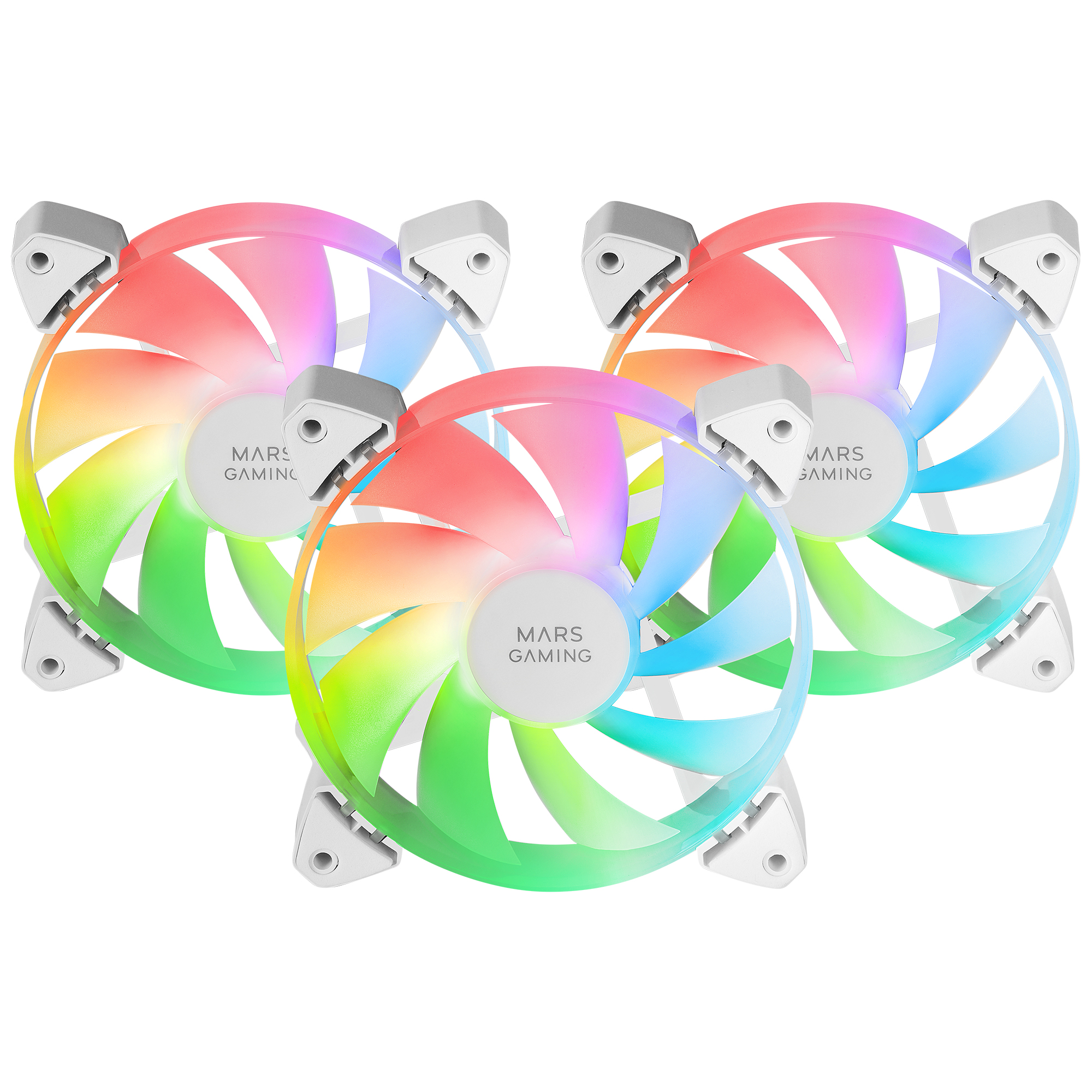 Trzy wentylatory komputerowe RGB. Każdy ma kolorowe łopatki promieniujące ze środka. Białe rogi i białe tło.