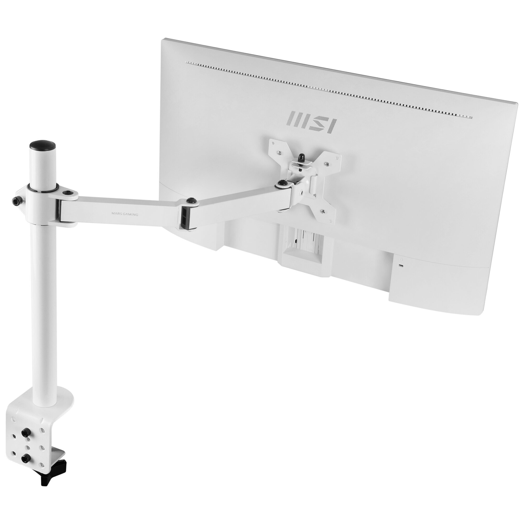 Un soporte de monitor blanco con pantalla curva, brazo y abrazadera, sobre fondo blanco.