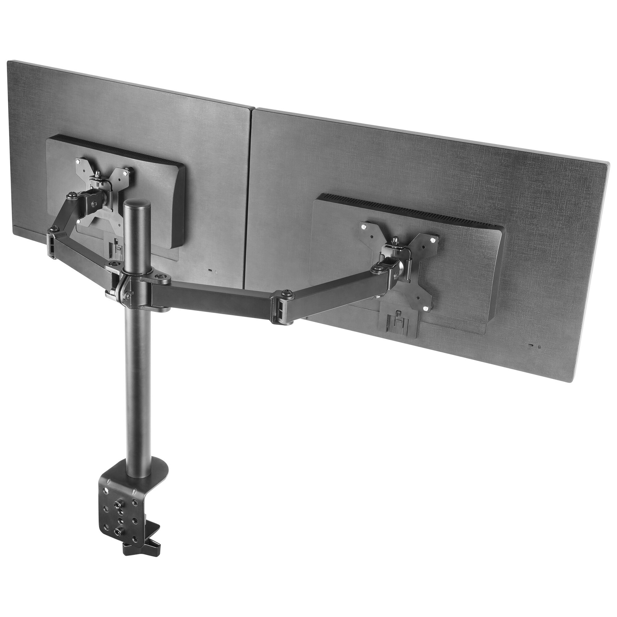 Soporte para monitor con dos monitores adjuntos, color negro.