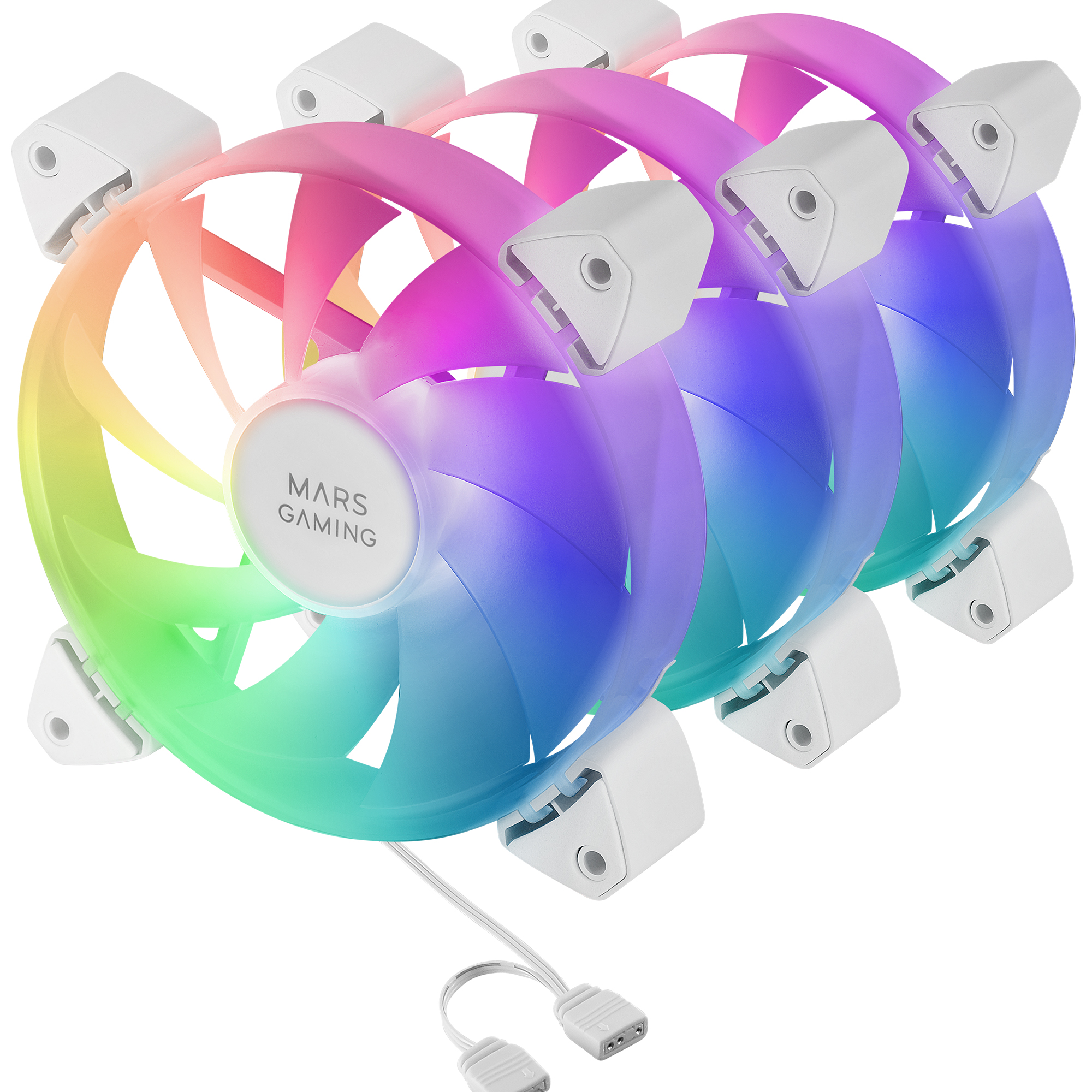 Zestaw wentylatorów RGB do komputera. Łopatki są w kolorach tęczy. Białe złącza otaczają łopatki. Logo MARS GAMING.
