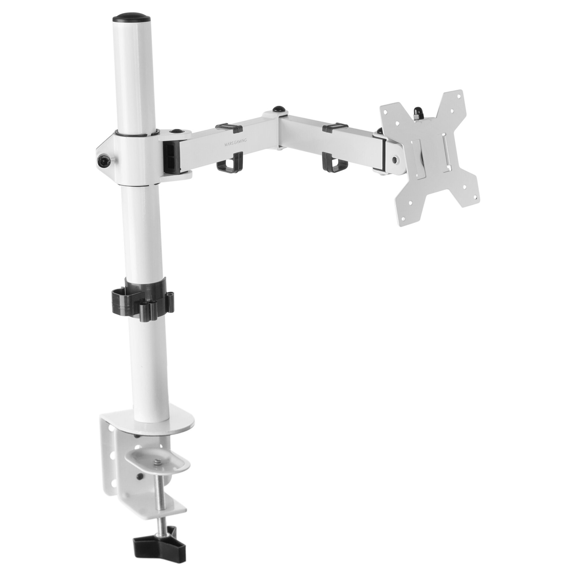 Soporte de brazo de monitor blanco con base de abrazadera. Tiene un accesorio para monitor.