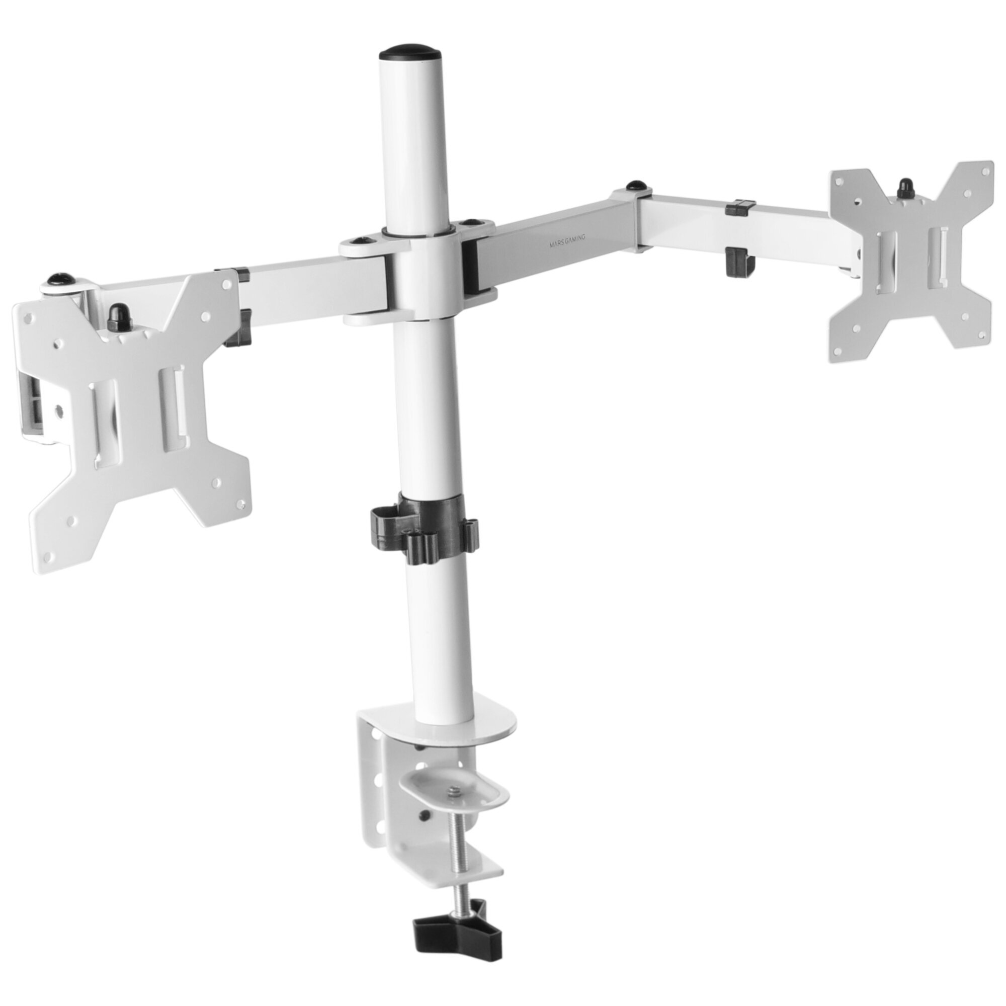 Un soporte blanco para monitor dual con dos pantallas adjuntas.