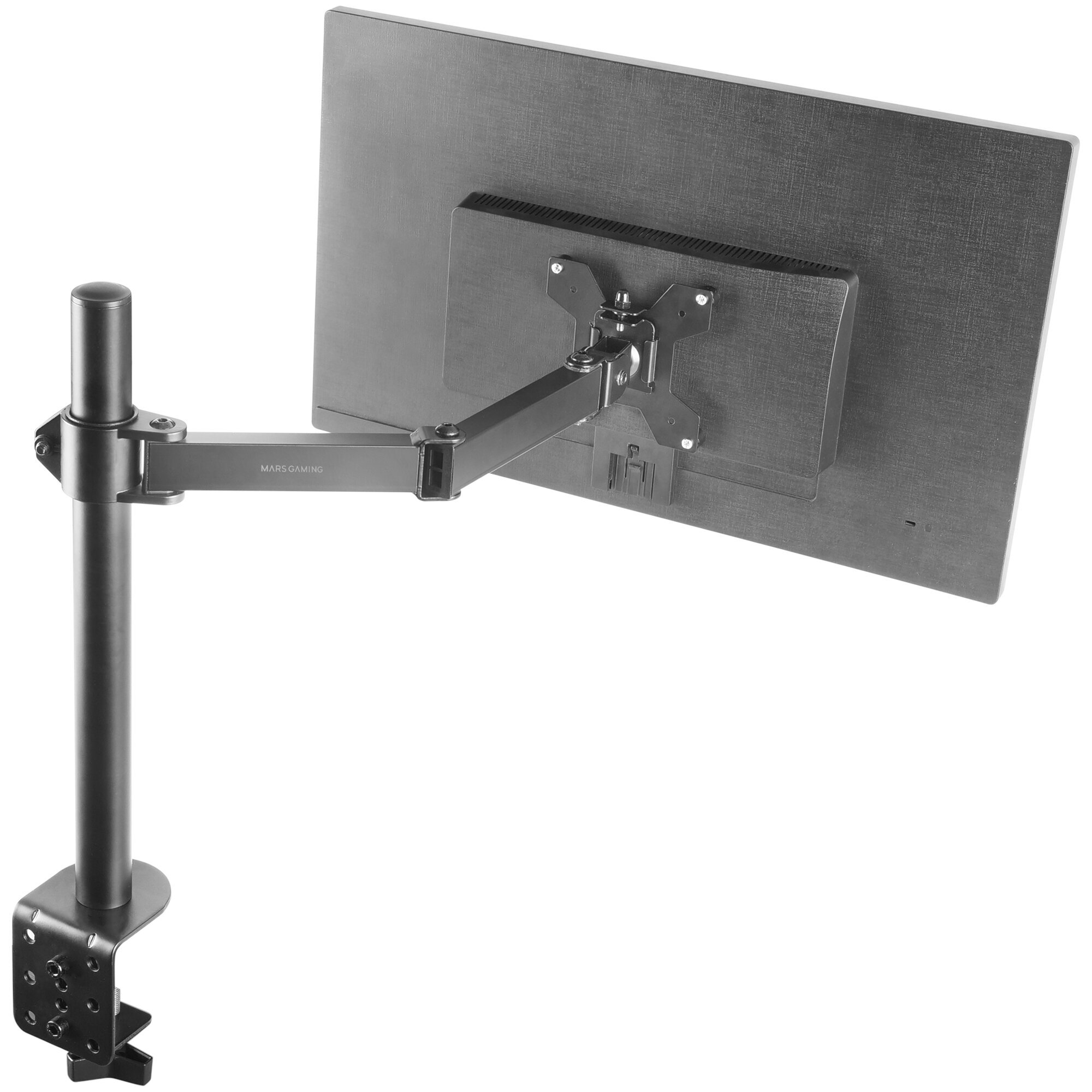 Parte trasera de monitor negro, montada en brazo negro, sujeta a abrazadera de escritorio negra.