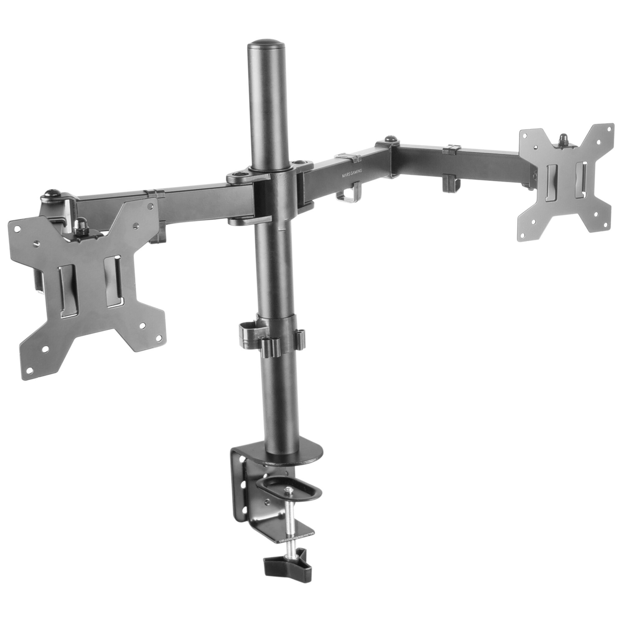 Un soporte de brazo para monitor dual, negro, con dos monitores adjuntos.