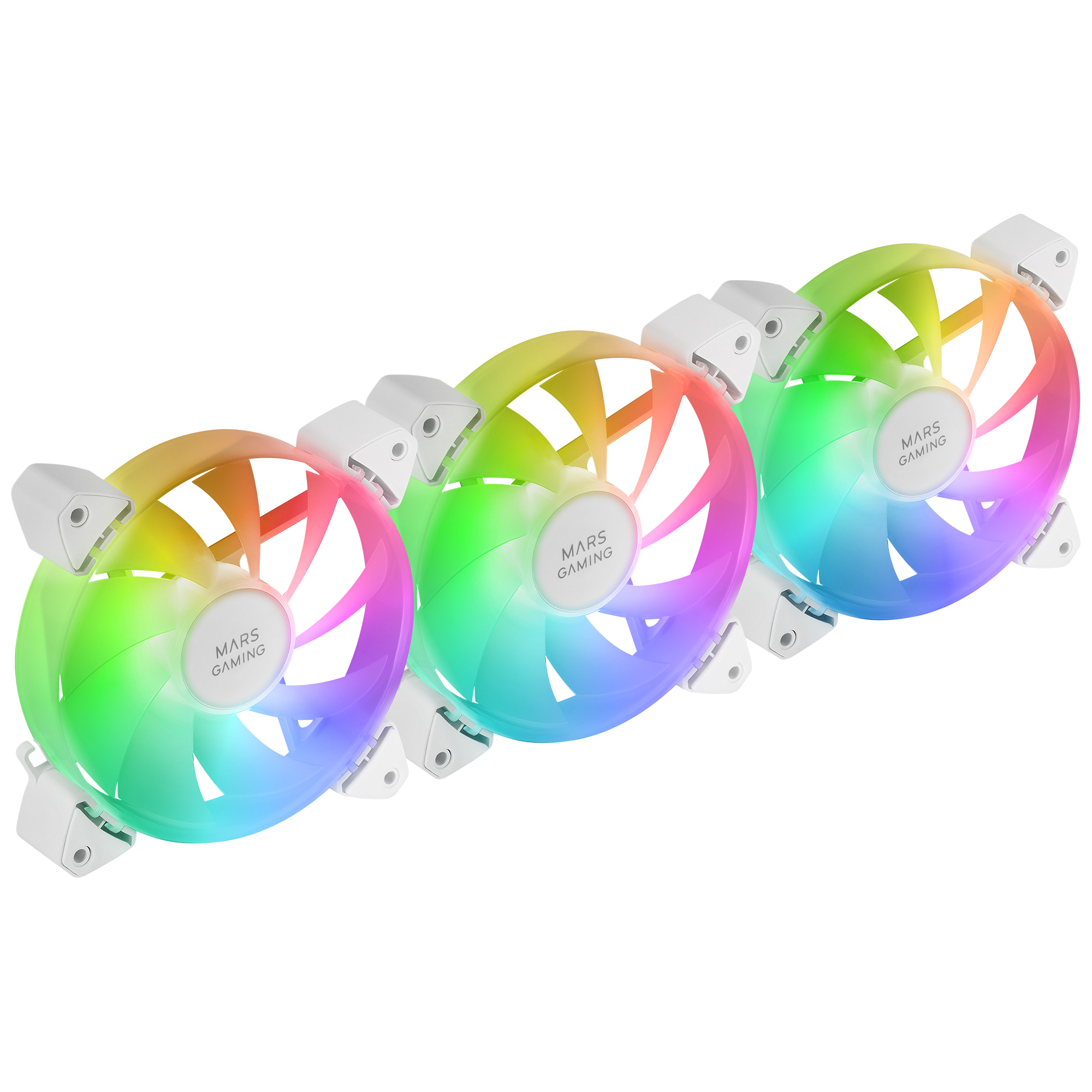 Trzy wentylatory komputerowe z tęczowymi łopatkami i białymi ramkami. Na środku wentylatora nadruk 'MARS GAMING'.