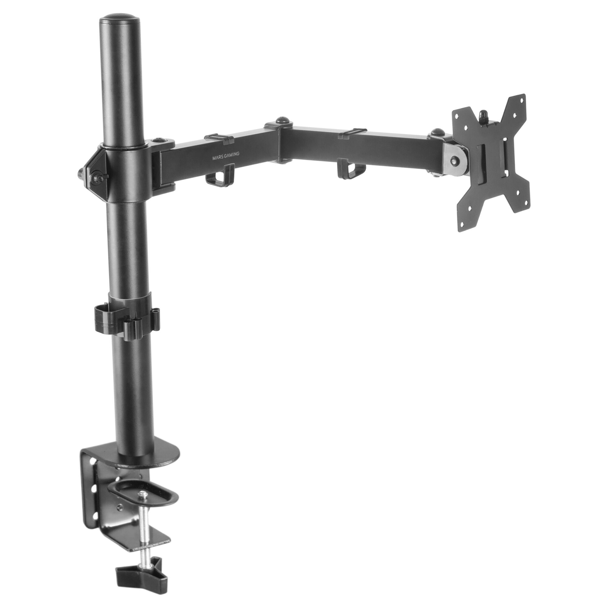 Un soporte de brazo de monitor negro. Está montado sobre una superficie blanca.