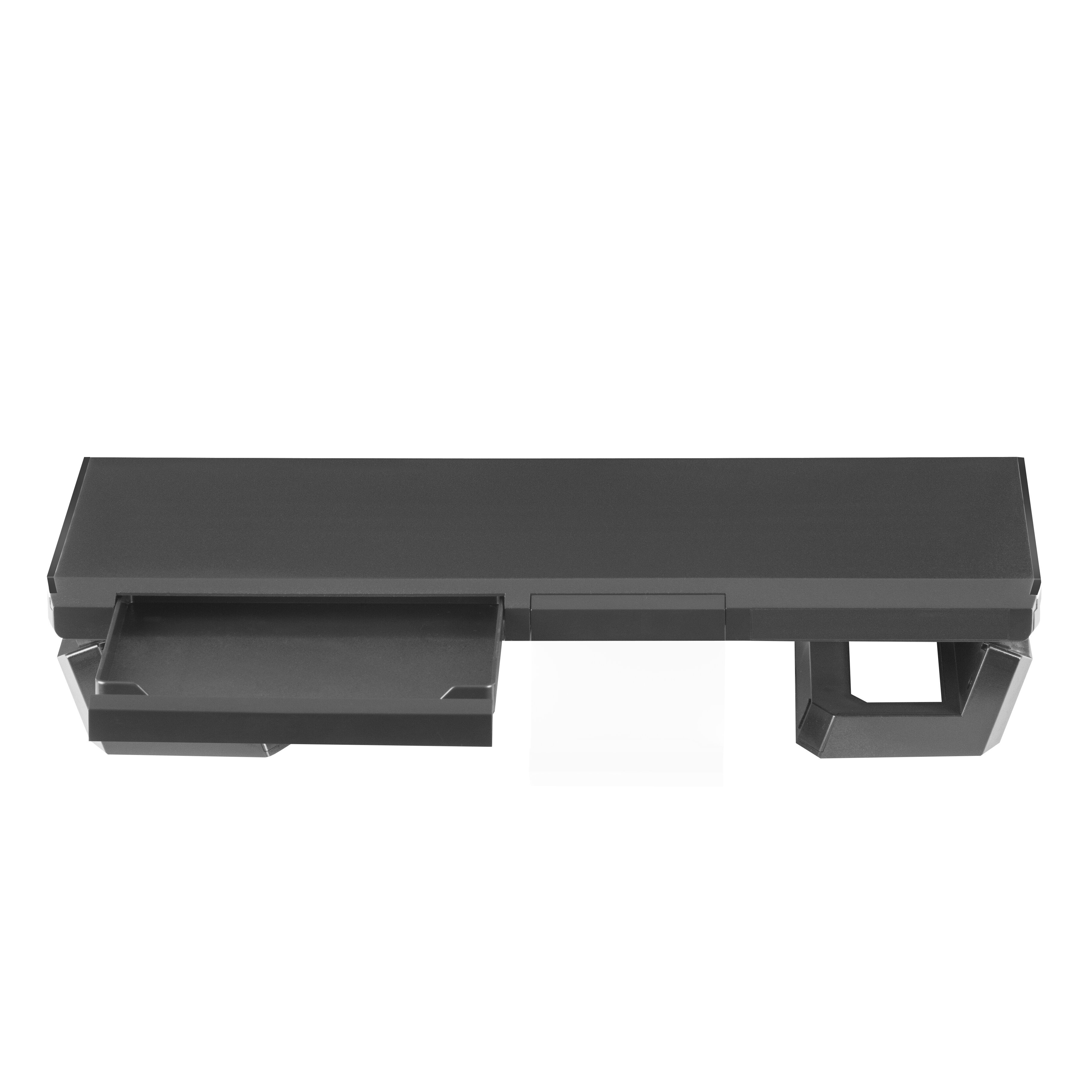Objeto negro y rectangular con bandeja extraíble y sección recortada, probablemente para un escritorio.