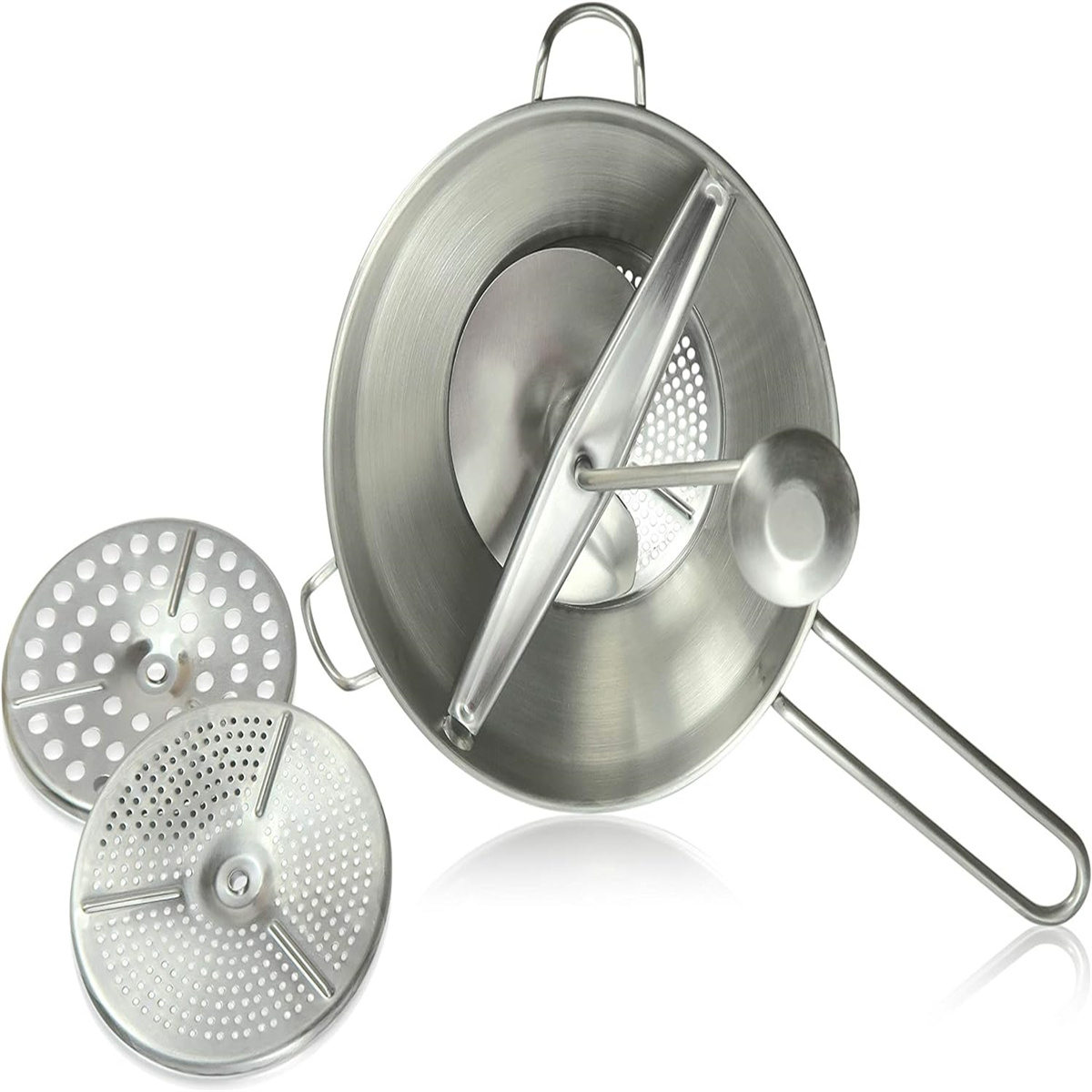 Eine Edelstahl-Passiermühle mit drei austauschbaren Mahlscheiben und einem Griff.