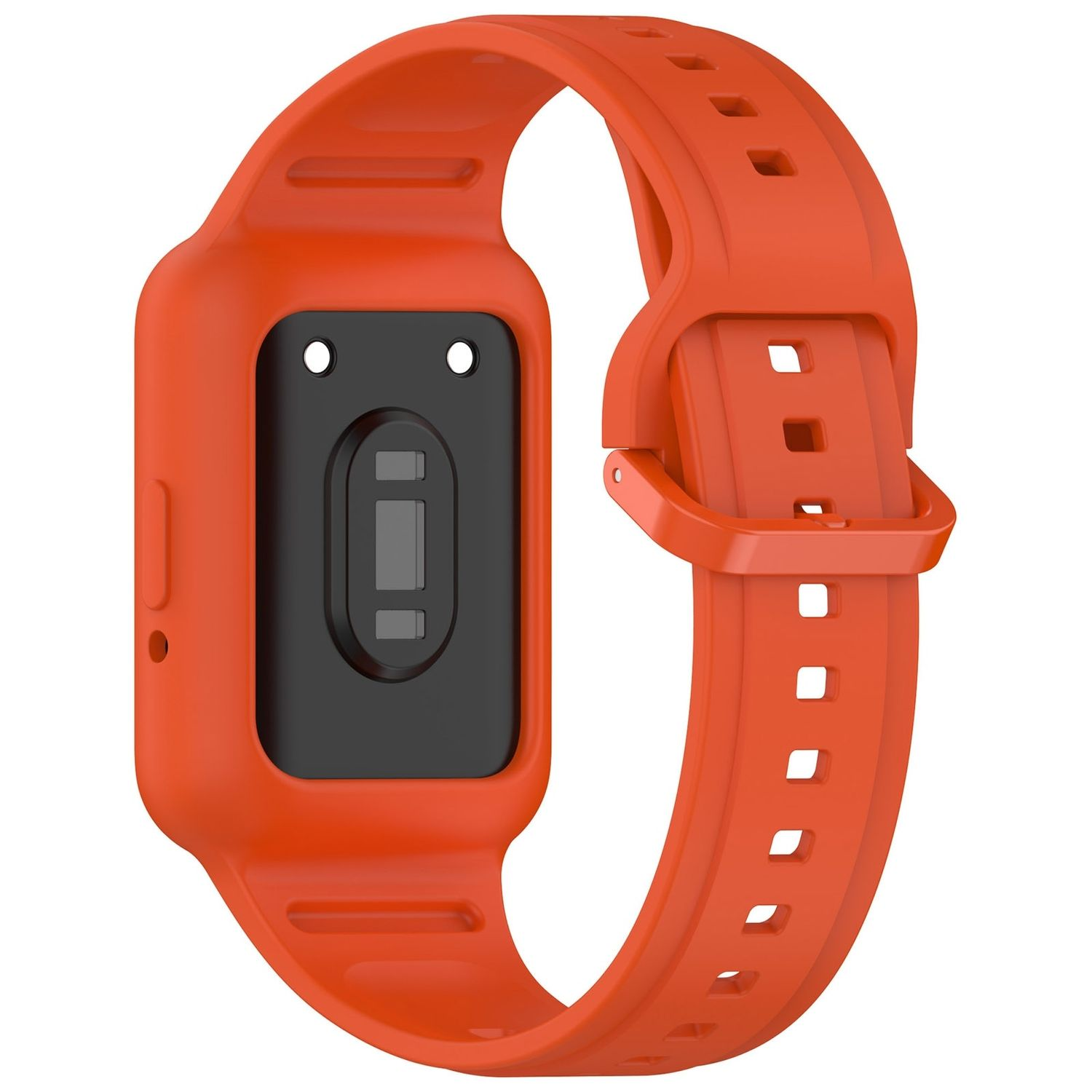 Ein orangefarbenes Smartwatch-Armband mit schwarzem, rechteckigem Sensorbereich und Schnalle.