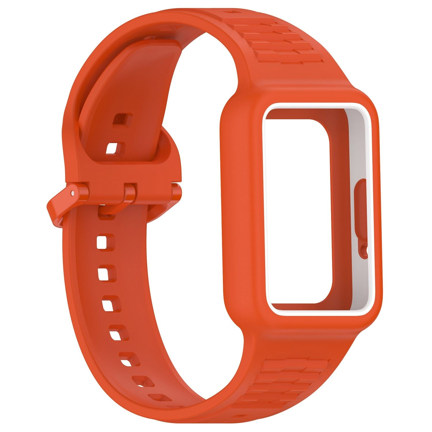 Ein orangefarbenes Uhrenarmband mit einem weißen Innenbereich und einer Schnalle. Das Armband ist gebogen und detailliert.