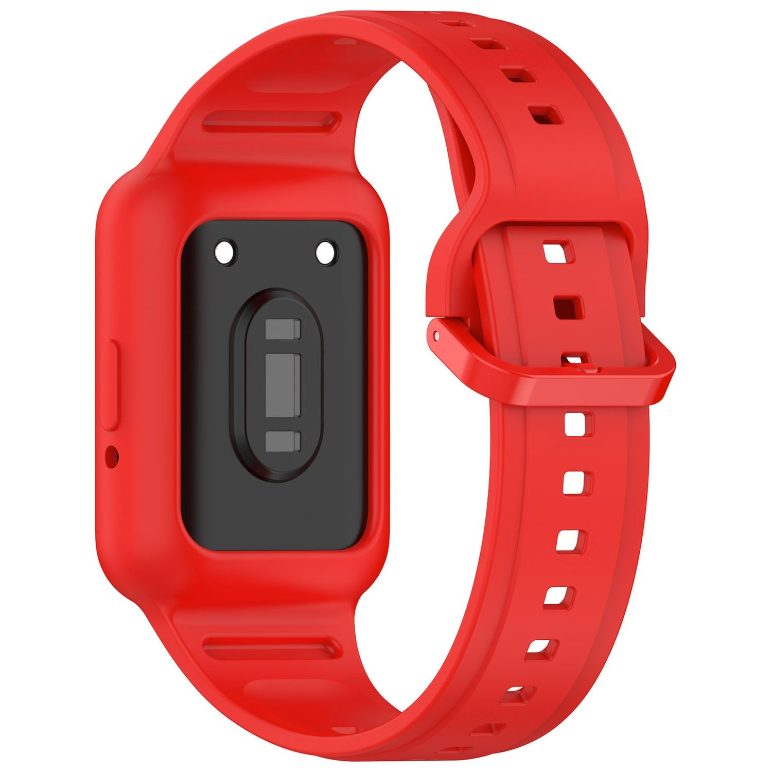 Ein rotes Armband für eine Smartwatch auf weißem Hintergrund.