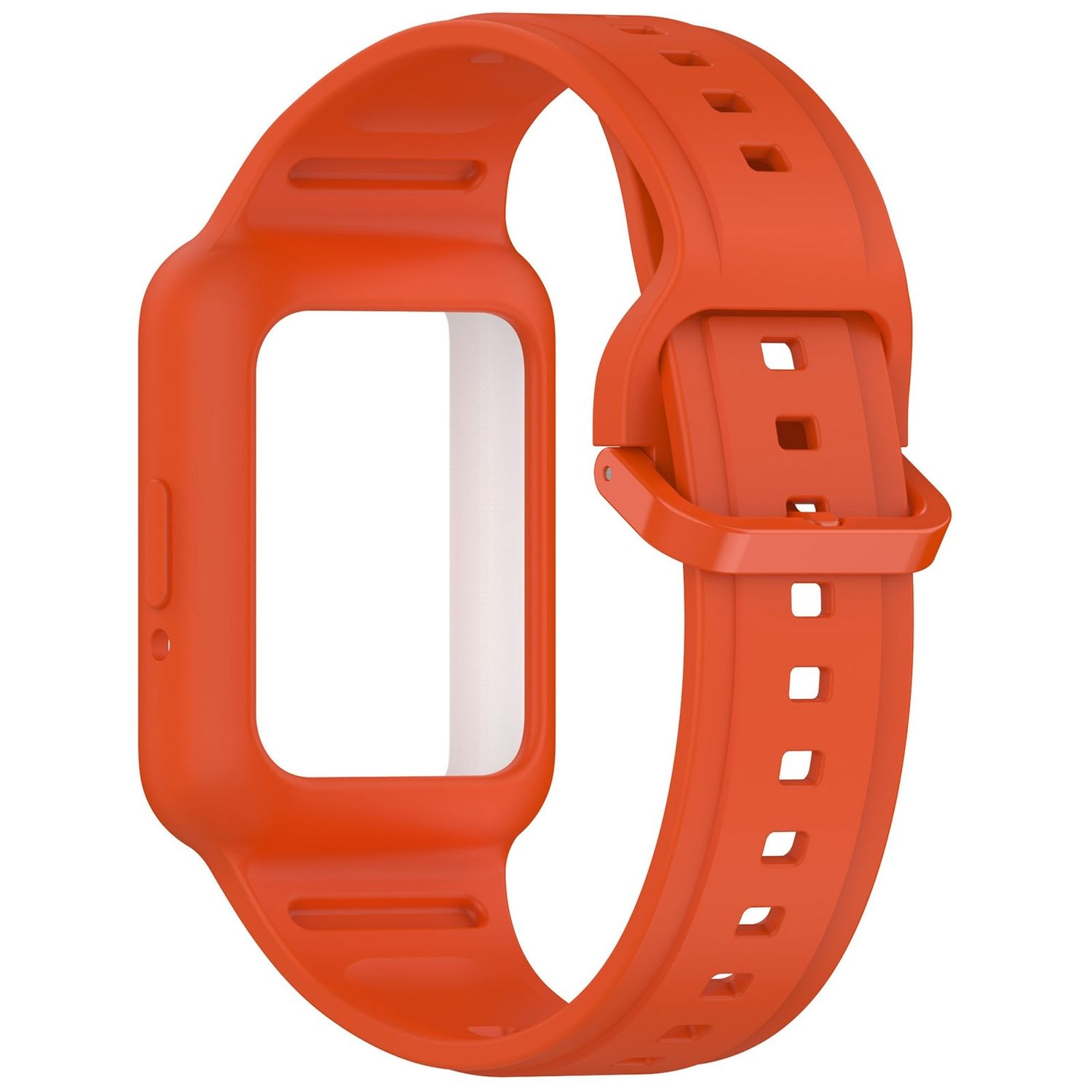 Ein orangefarbenes Uhrenarmband mit Schnalle.