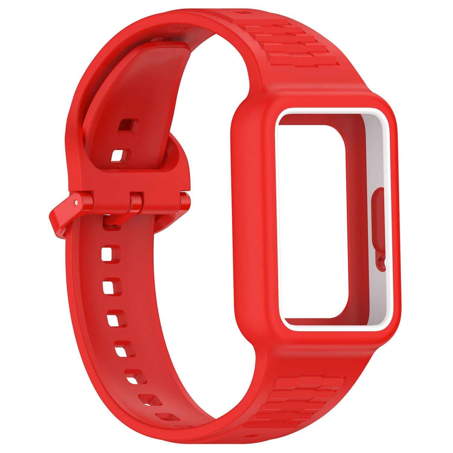 Ein rotes Smartwatch-Armband, mit einem weißen Innenteil, liegt auf einer weißen Oberfläche.