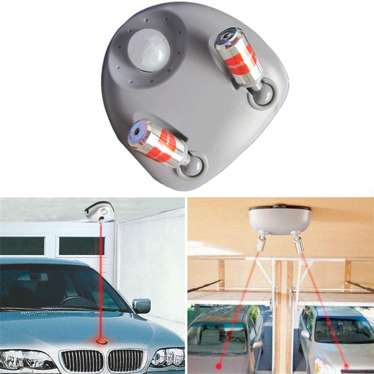 Grauer Sensor mit 2 roten Laserlichtern und ein Auto mit rotem Licht vorne.
