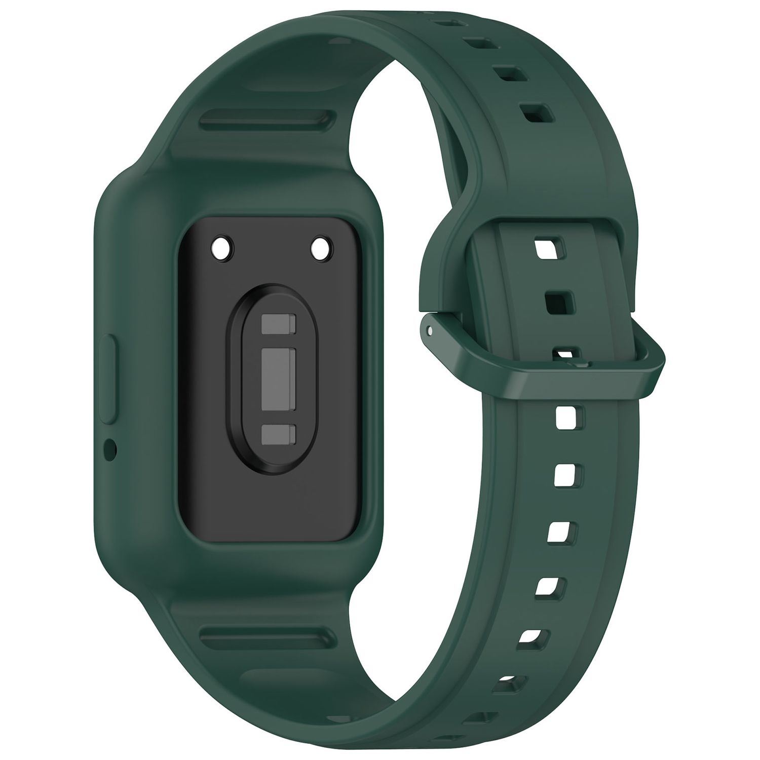 Grünes Smartwatch-Armband mit dem Uhrengehäuse. Das Armband hat eine Schnalle.