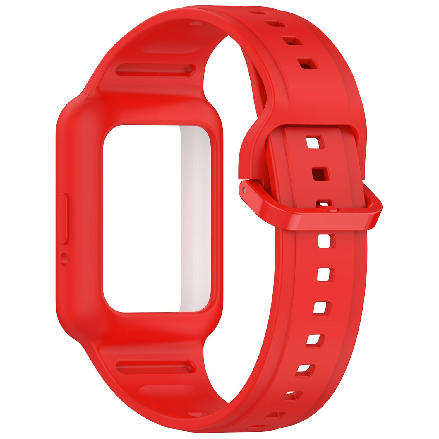 Rotes Sportarmband mit Schnalle. Weißer Hintergrund.
