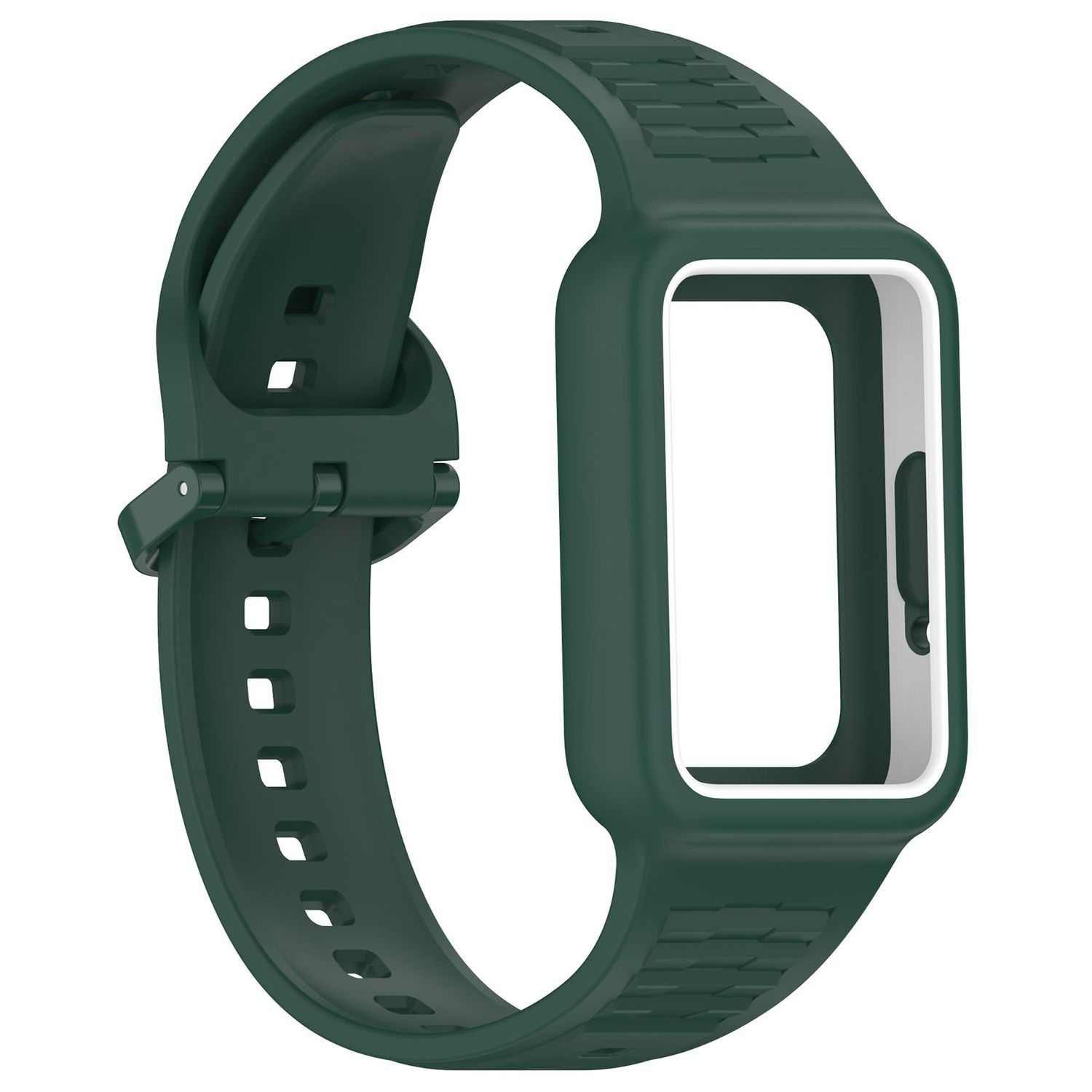 Dunkelgrünes Uhrenarmband. Es hat eine Schnalle und ist aus einem gummiartigen Material gefertigt.
