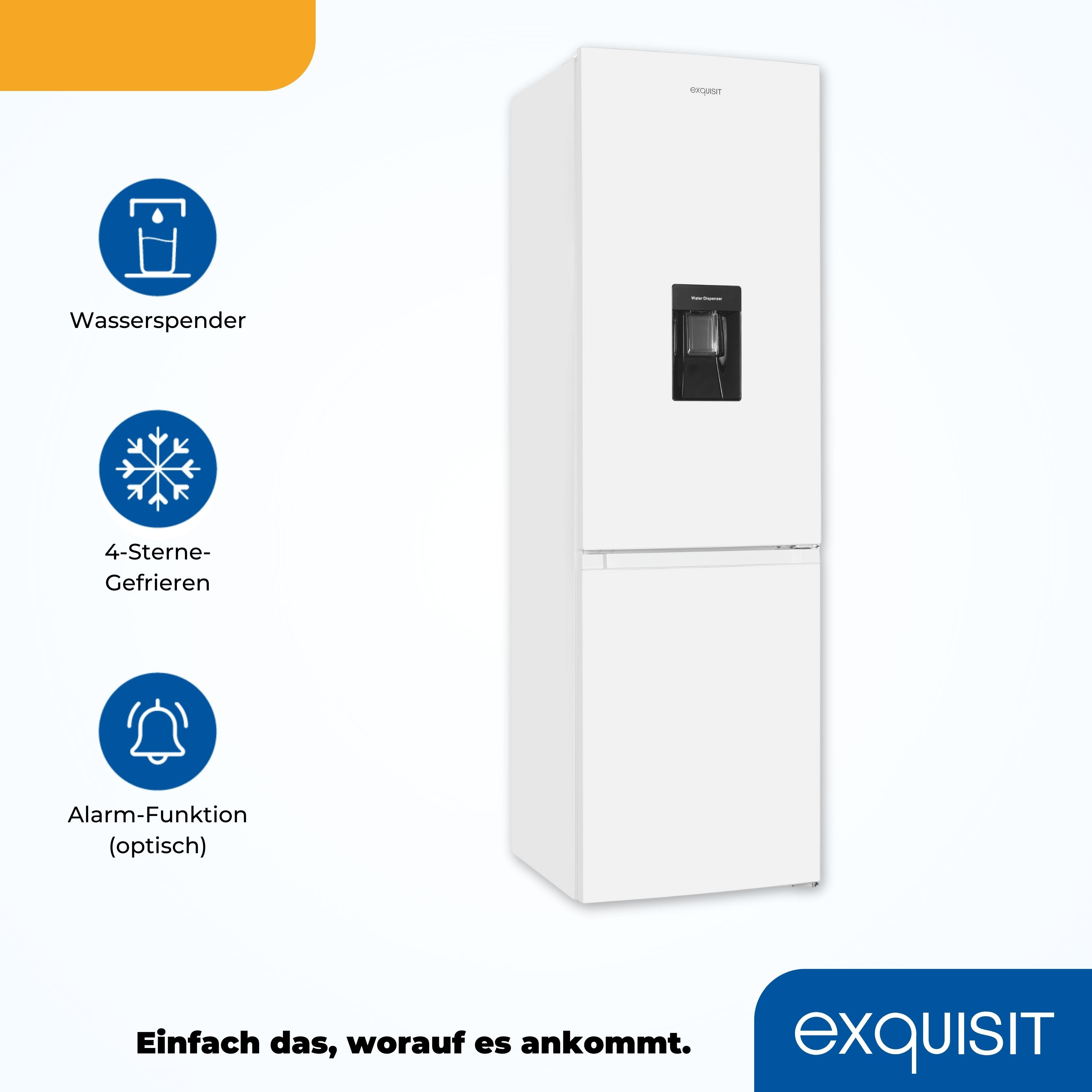 Un refrigerador blanco con dispensador de agua, congelador e iconos de función de alarma.