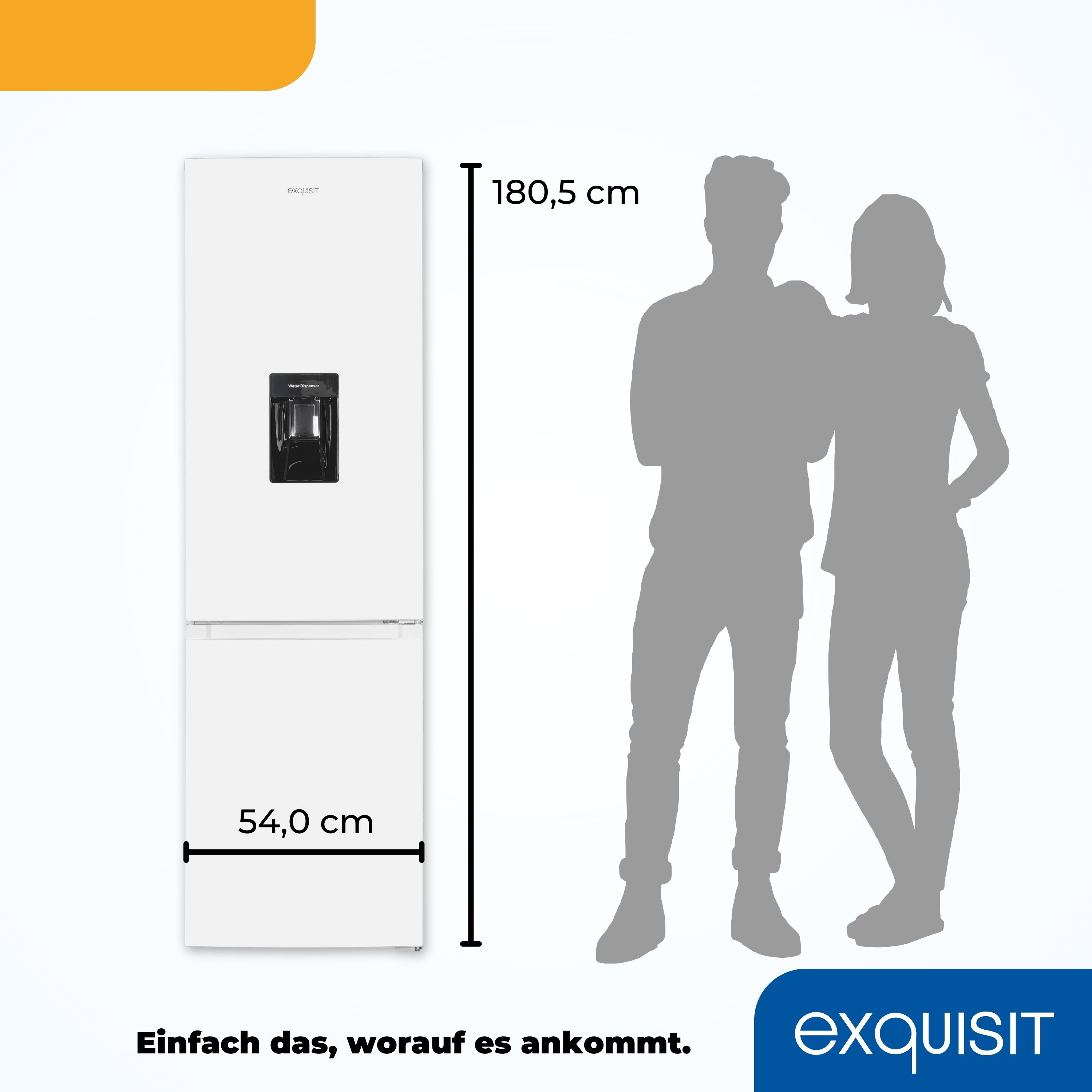 Un refrigerador blanco Exquisit y dos personas silueteadas. El texto muestra dimensiones y el logo Exquisit.