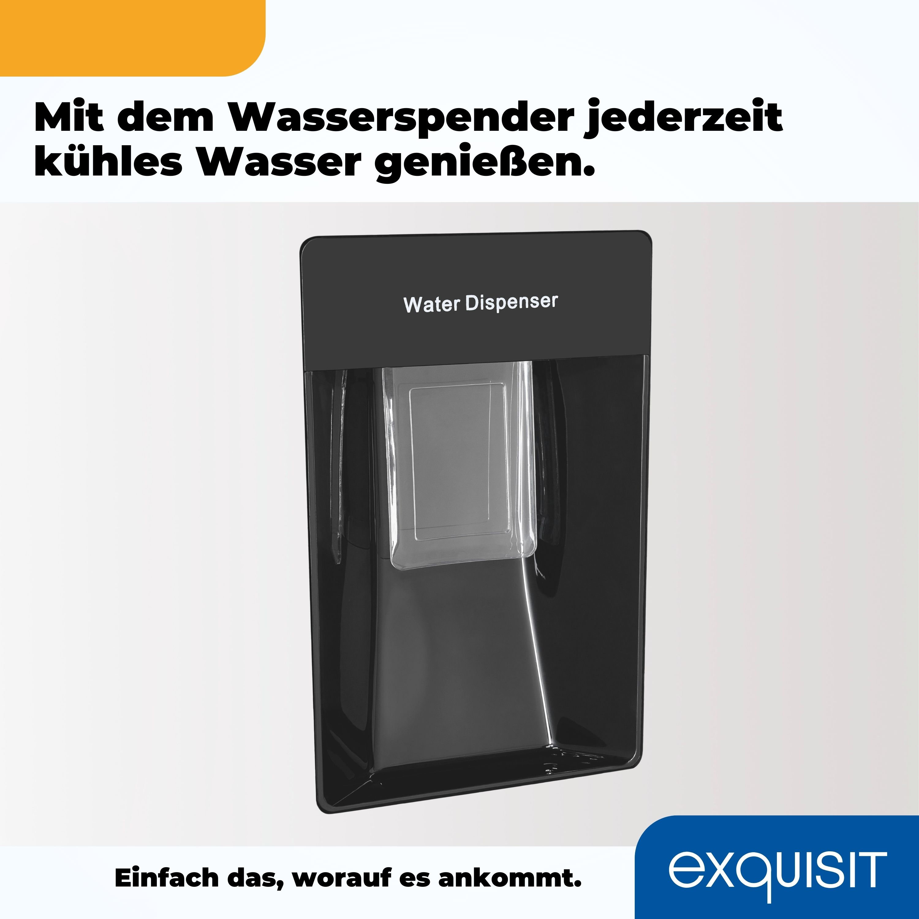 Dispensador de agua negro con diseño elegante. Texto arriba: 'Dispensador de agua'.