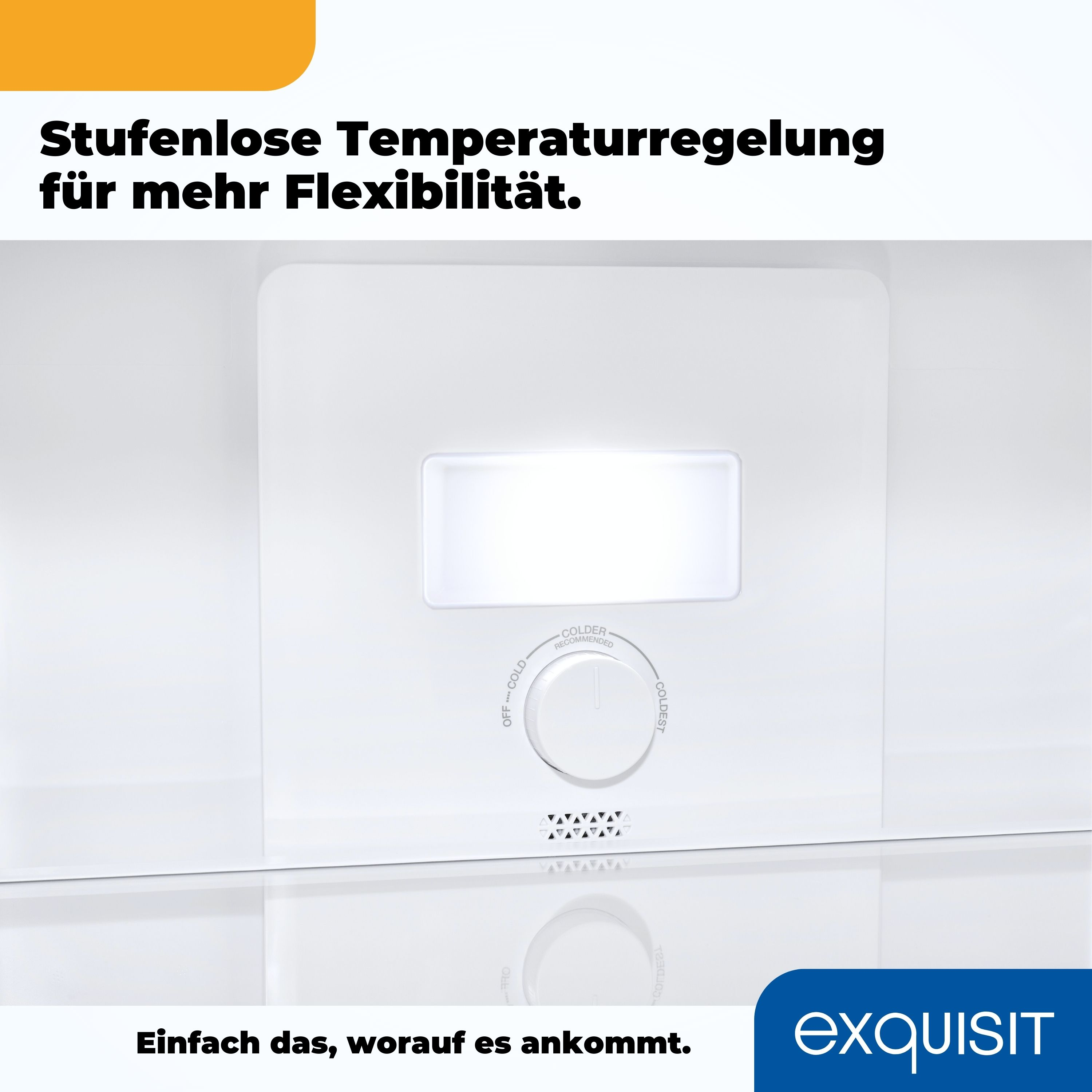 Panel de control de refrigerador blanco con dial de temperatura e interior blanco.