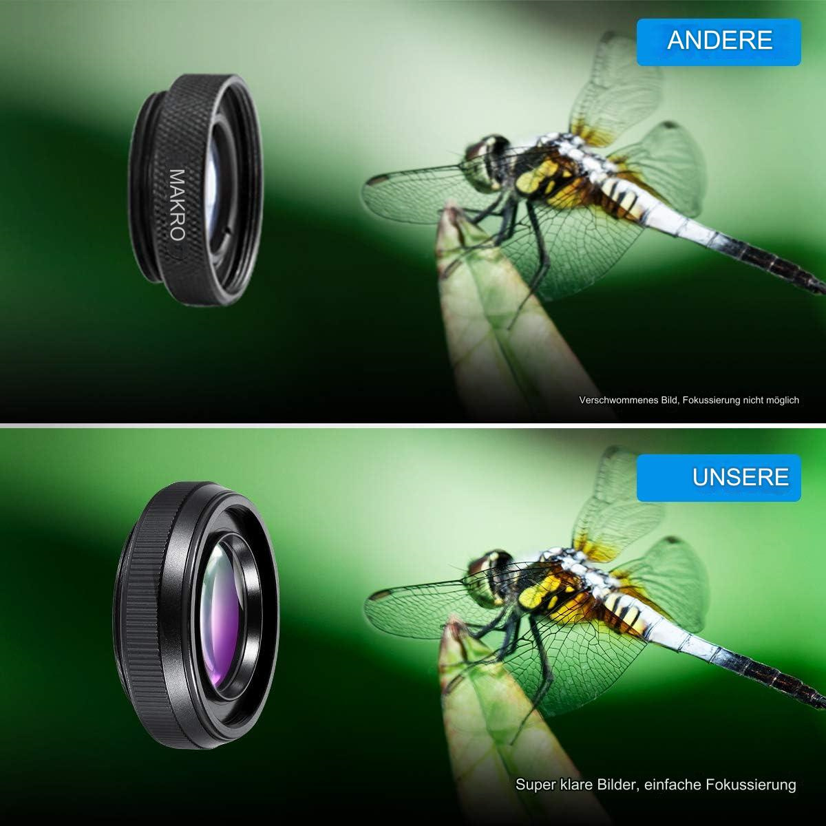 Zwei Makroobjektive und Libellenfotos. Ein Objektiv zeigt ein unscharfes Bild, das andere scharfe Details.