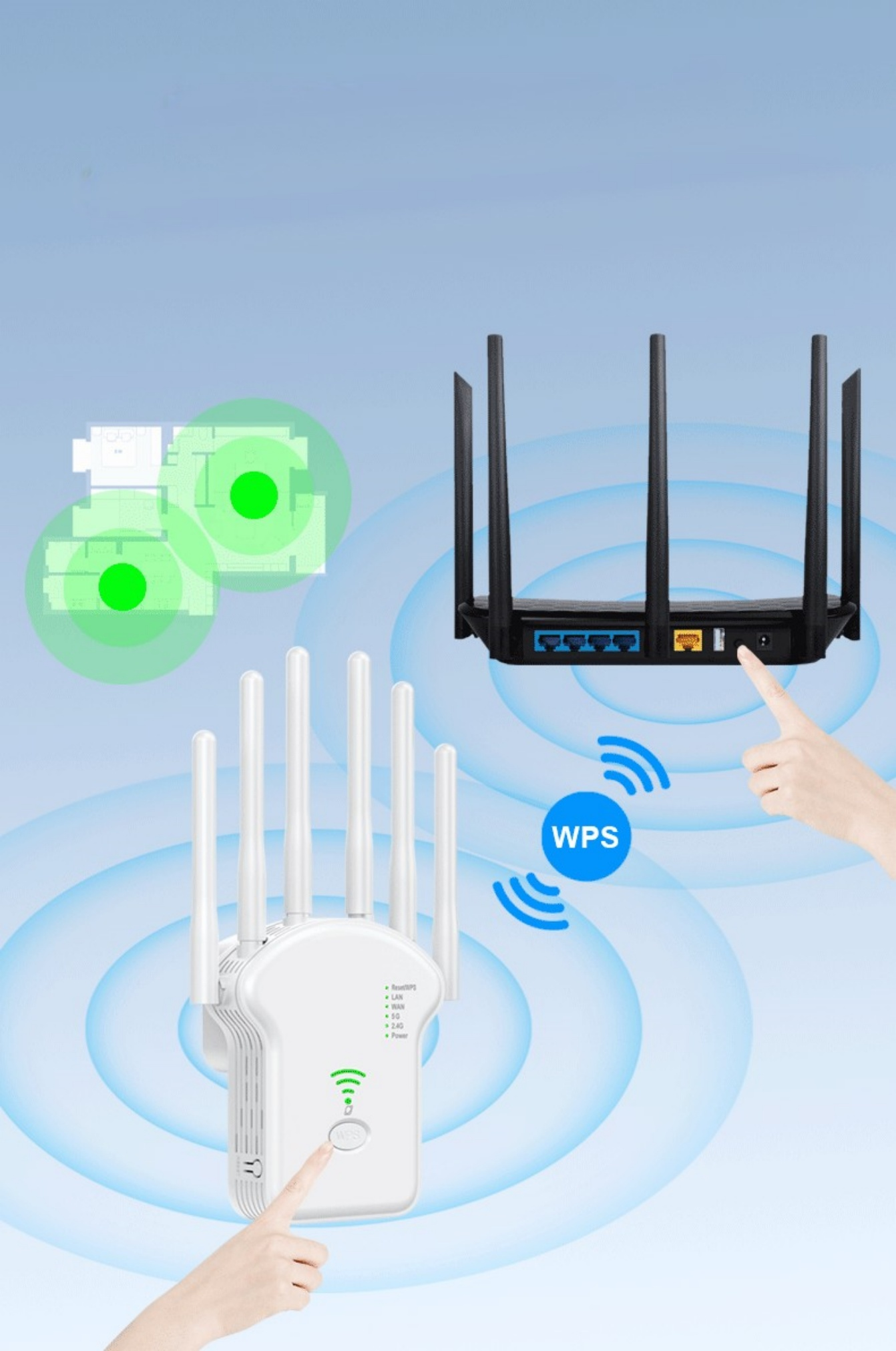 Ein weißer und schwarzer WLAN-Router mit Antennen, zwei Hände zeigen darauf.