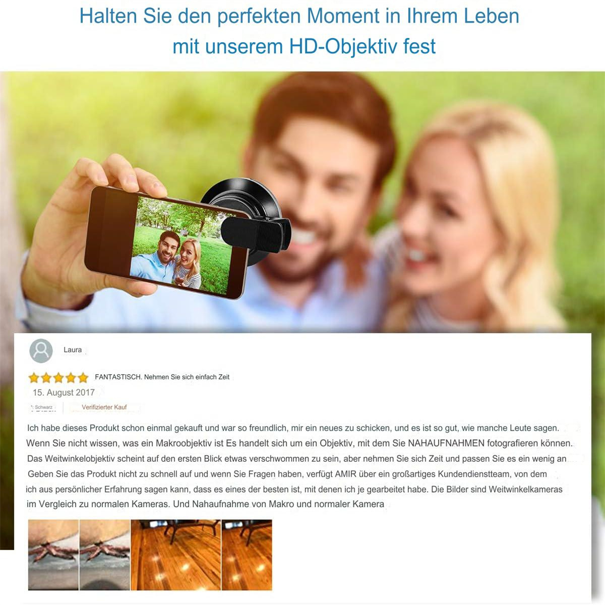 Mann hält Telefon mit Foto eines Paares, Fokus auf dem Telefon, im Hintergrund, ein lächelndes Paar.