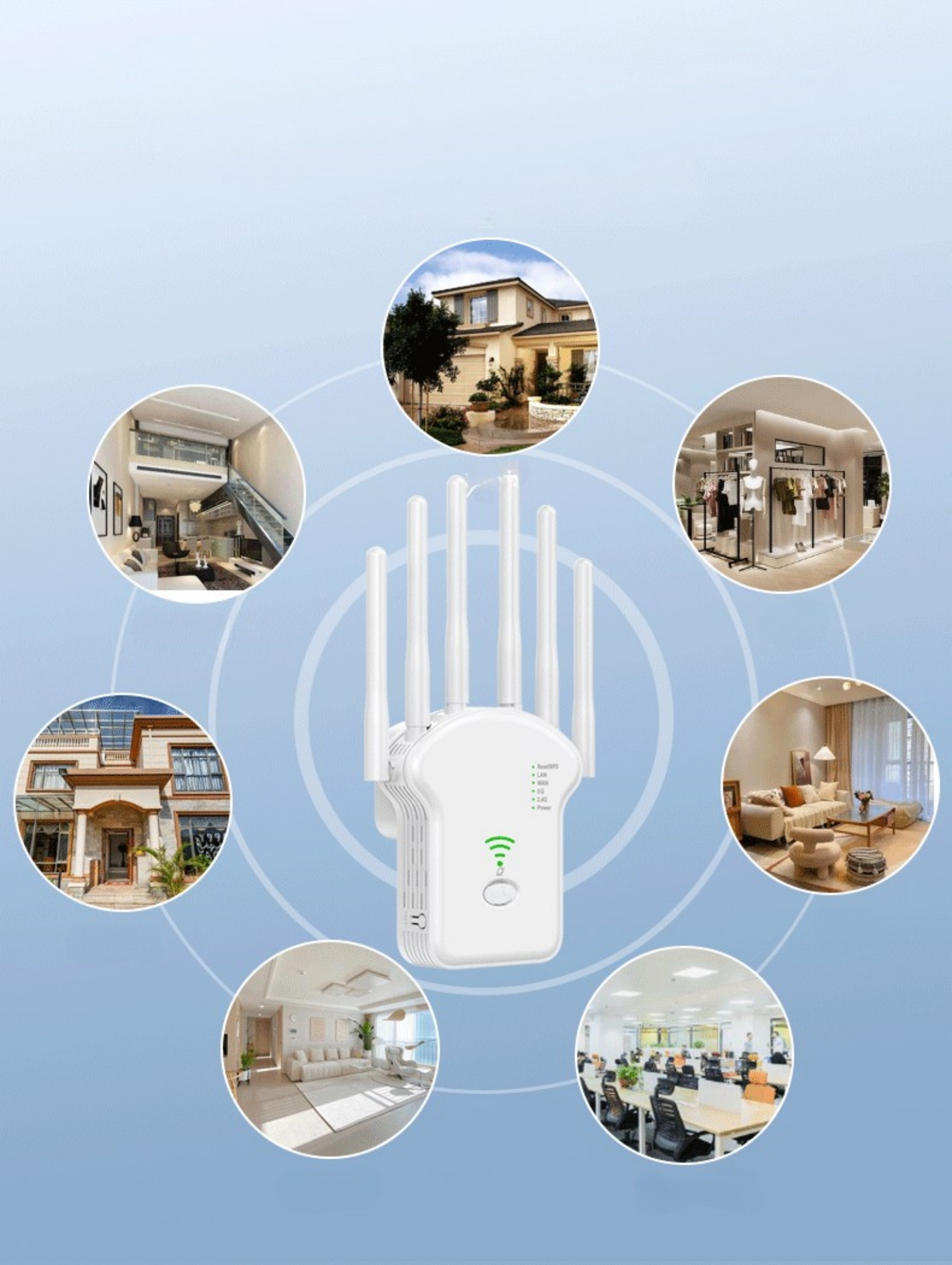 Ein weißer WLAN-Router, umgeben von Bildern von Häusern und Büros, was auf Netzwerkabdeckung hindeutet.