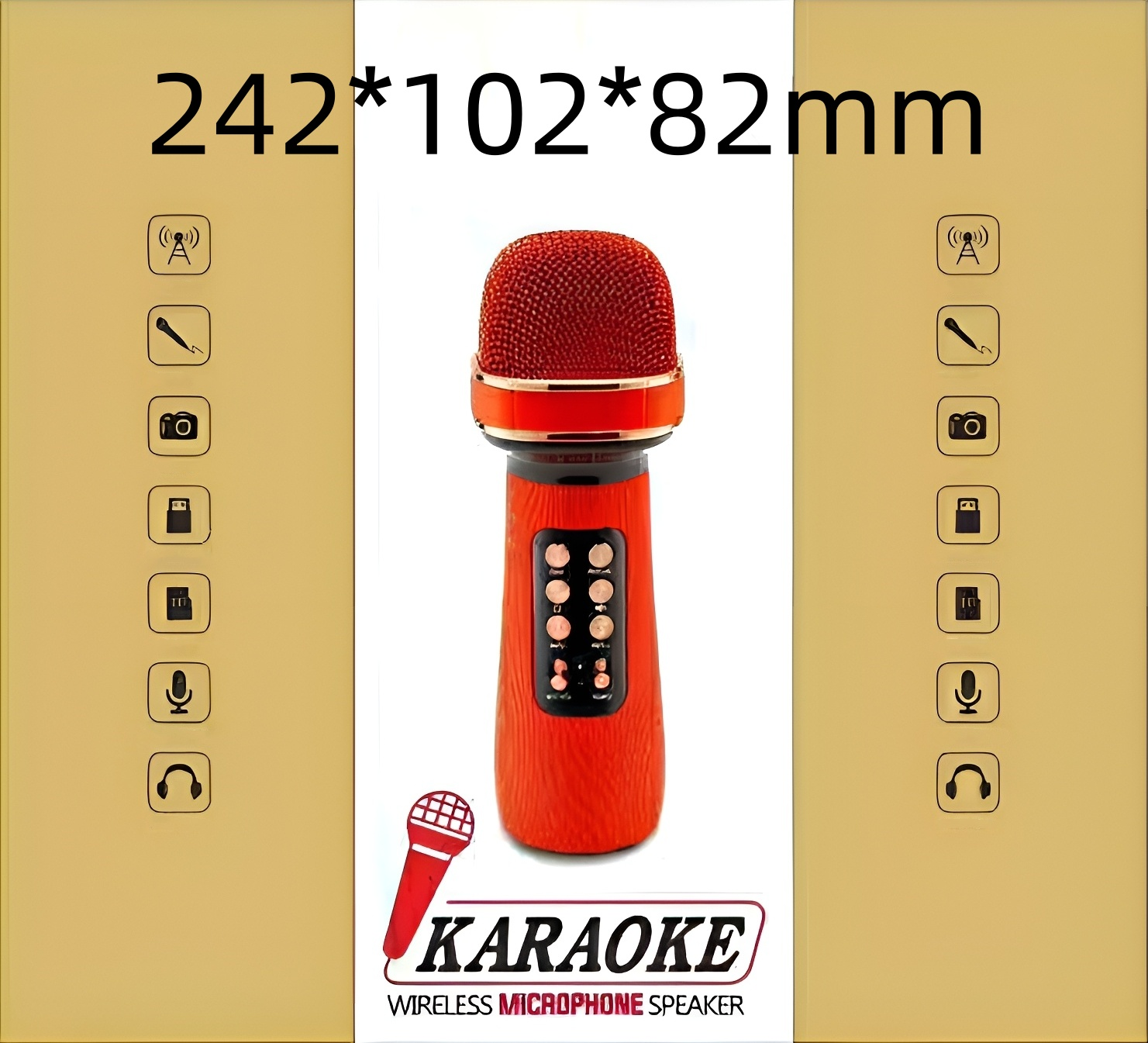 Ein roter Mikrofonlautsprecher mit Karaoke-Branding und braunem Hintergrund mit Symbolen.