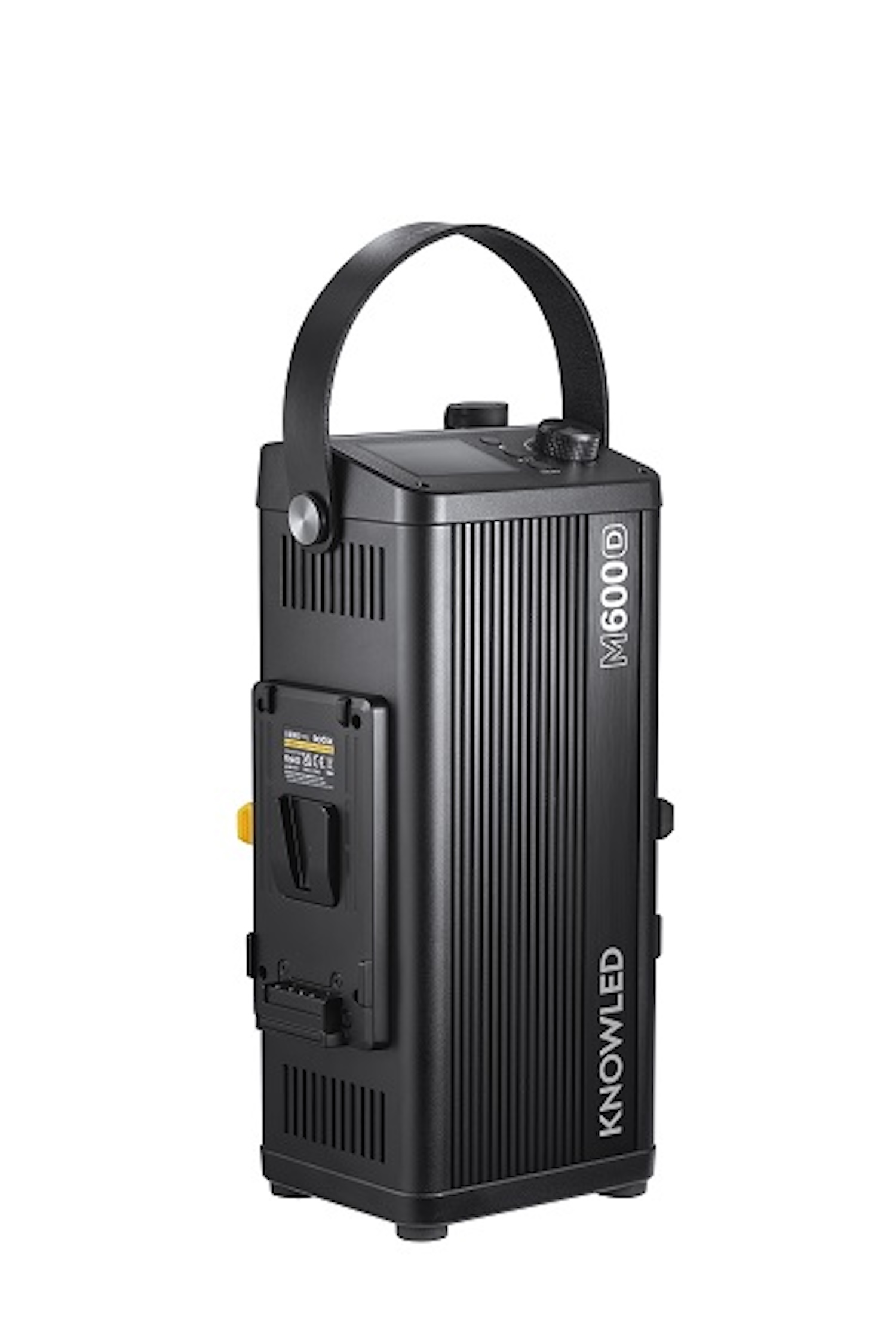 Ein schwarzes LED-Videolicht mit Griff und Batteriehalterung.