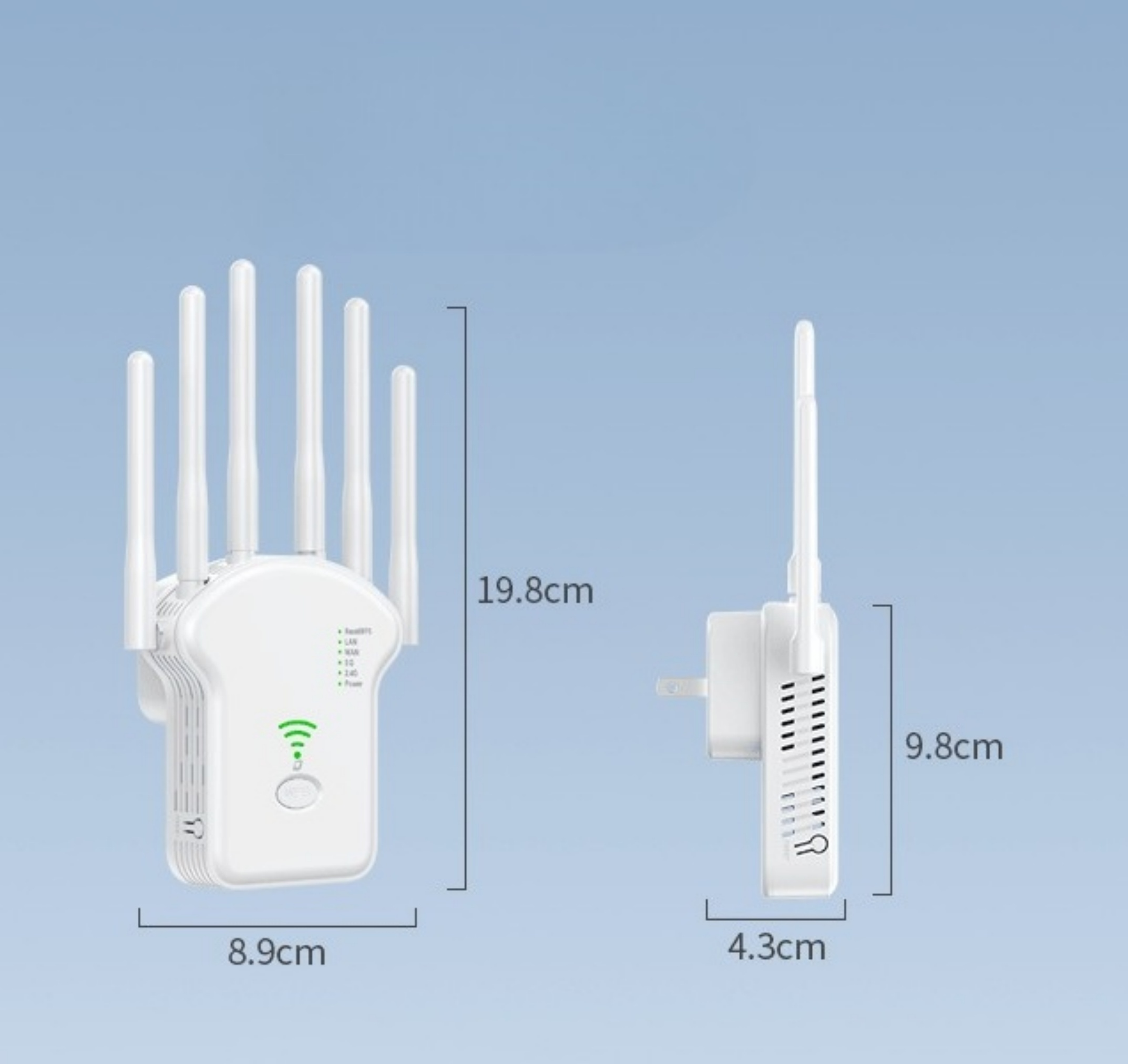 Weißer WLAN-Repeater mit Antennen, Abmessungen. Er hat Strom-, WLAN- und Signalanzeigen.