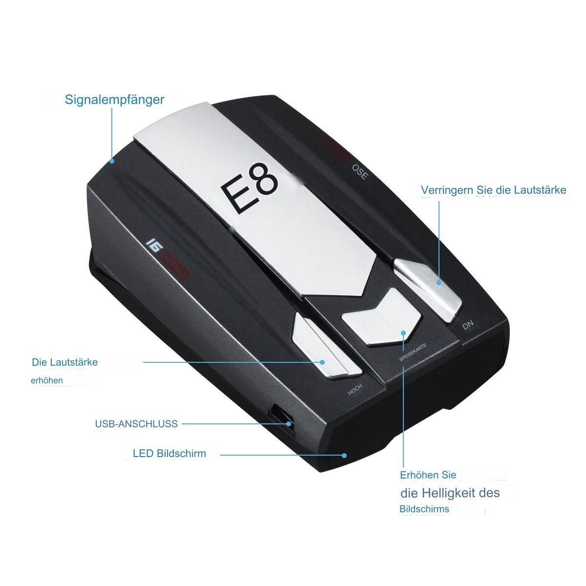 E8 Radarwarner mit Tasten und Digitalanzeige.