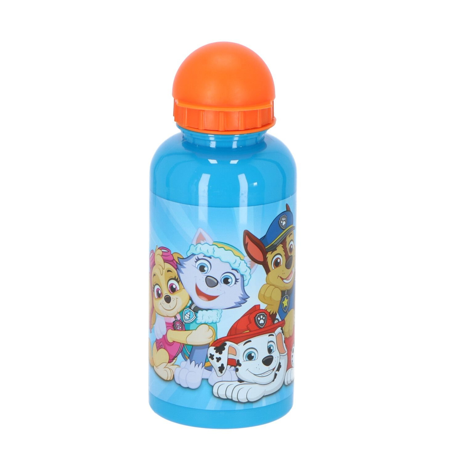 Een blauwe Paw Patrol waterfles met een oranje dop. De fles heeft Paw Patrol karakters.