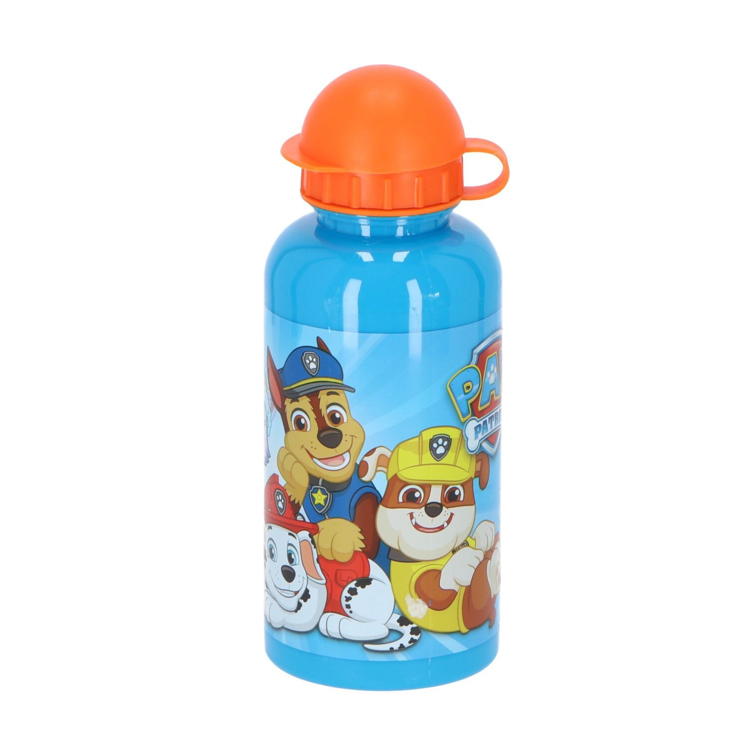 Een blauwe Paw Patrol waterfles met cartoonfiguren en een oranje deksel.