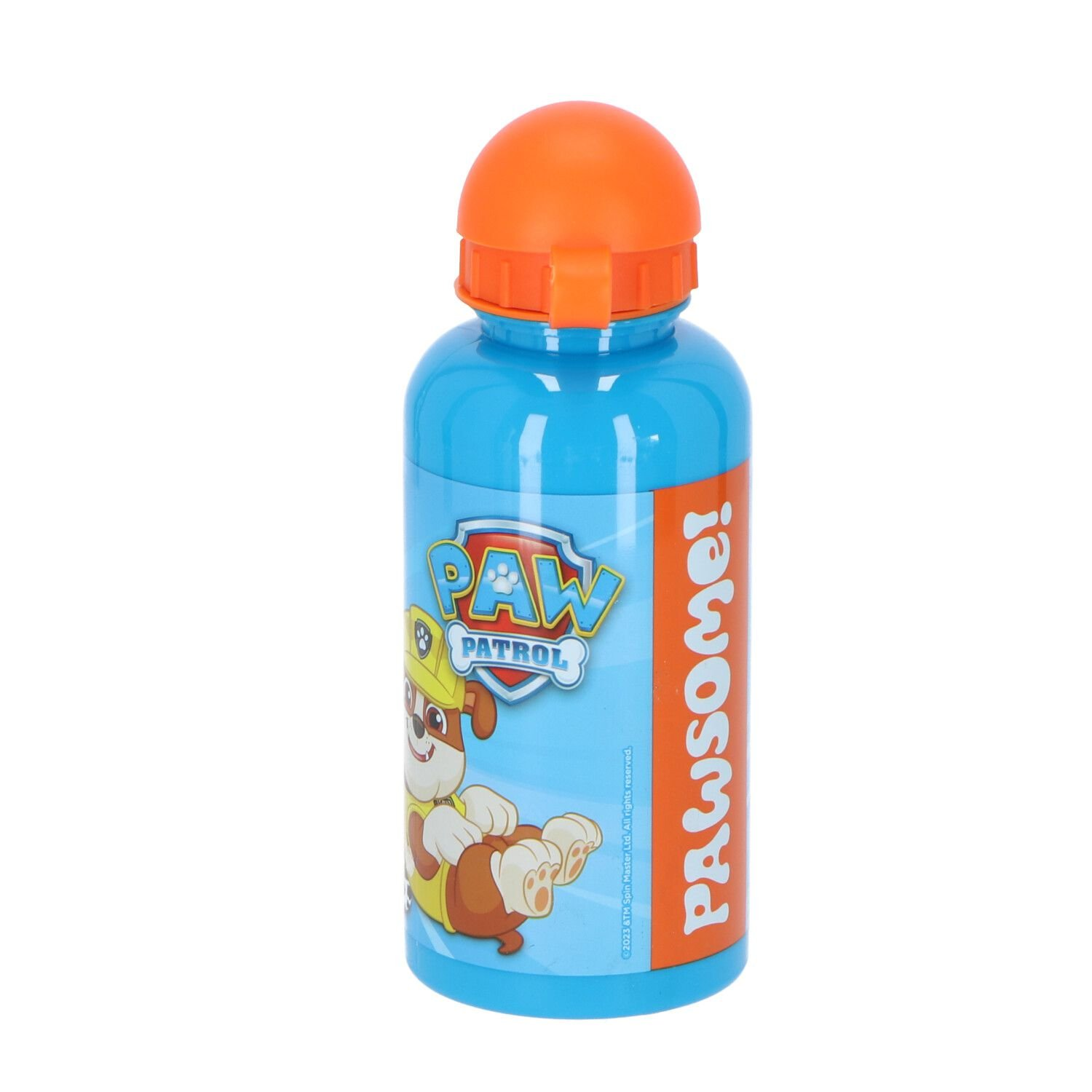 Een blauwe Paw Patrol waterfles met een oranje deksel. Een stripfiguur staat op de fles. Witte achtergrond.