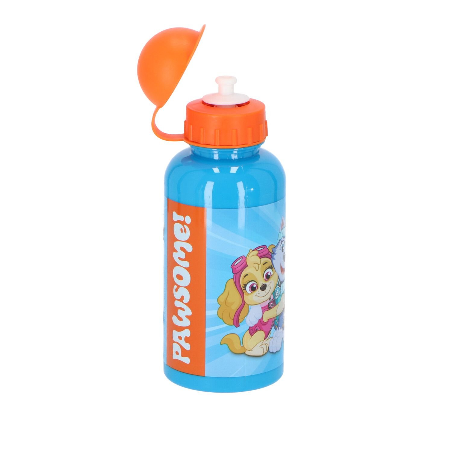 Blauwe waterfles met oranje dop, met cartoonfiguren. Witte achtergrond.