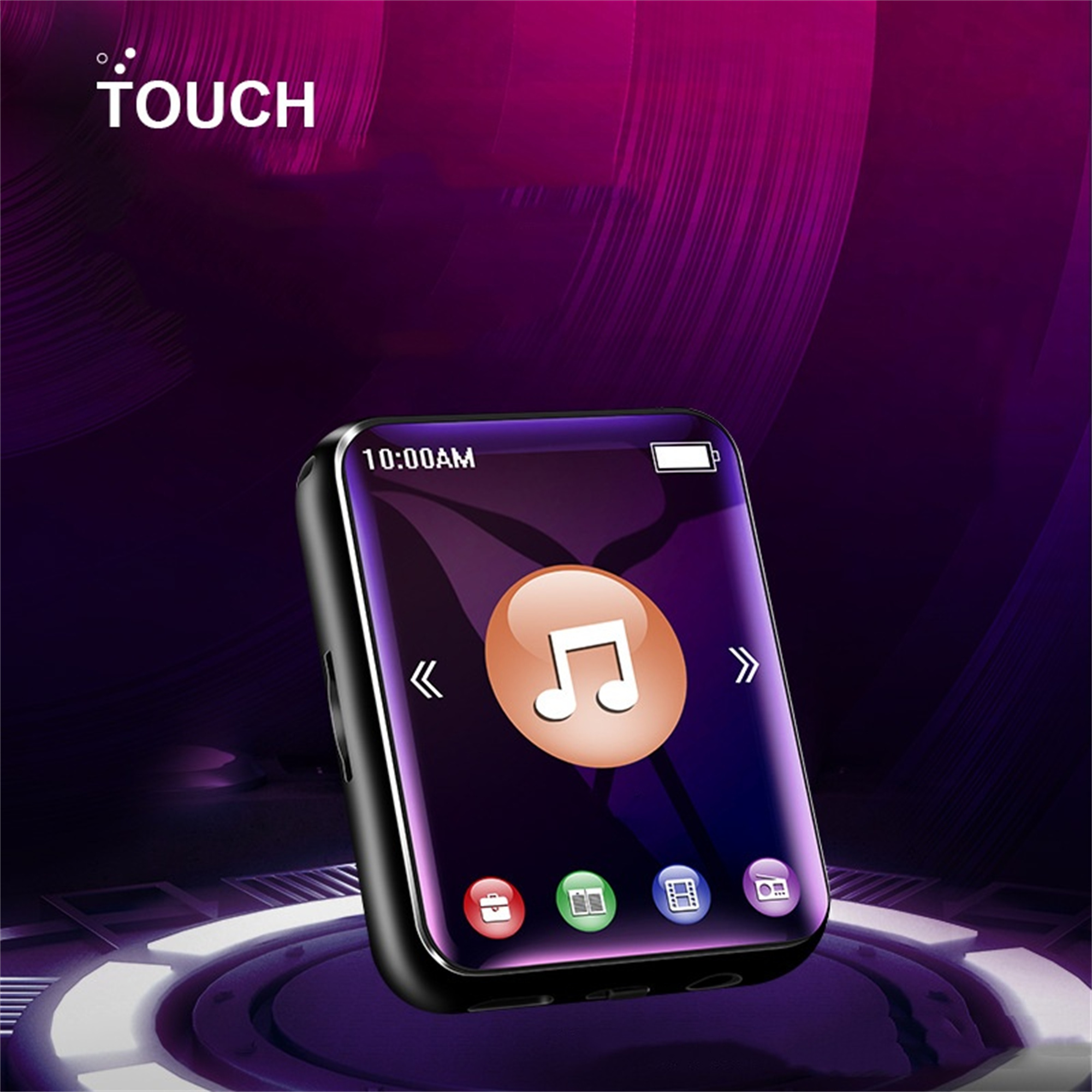 Schwarzer digitaler Musikplayer mit Bildschirm, Uhrzeit und Musiksymbol.