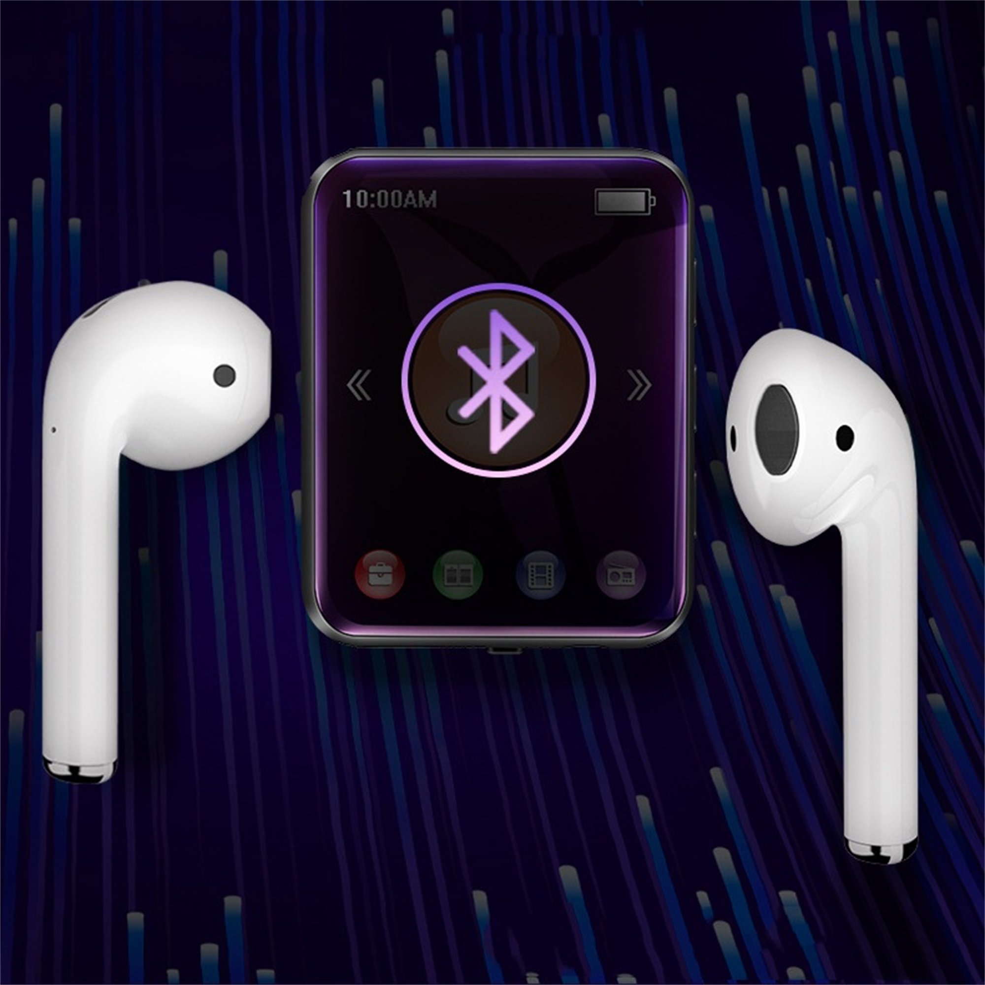 Weiße Ohrhörer neben einem kleinen Media Player mit lila Bildschirm und Bluetooth-Symbol.