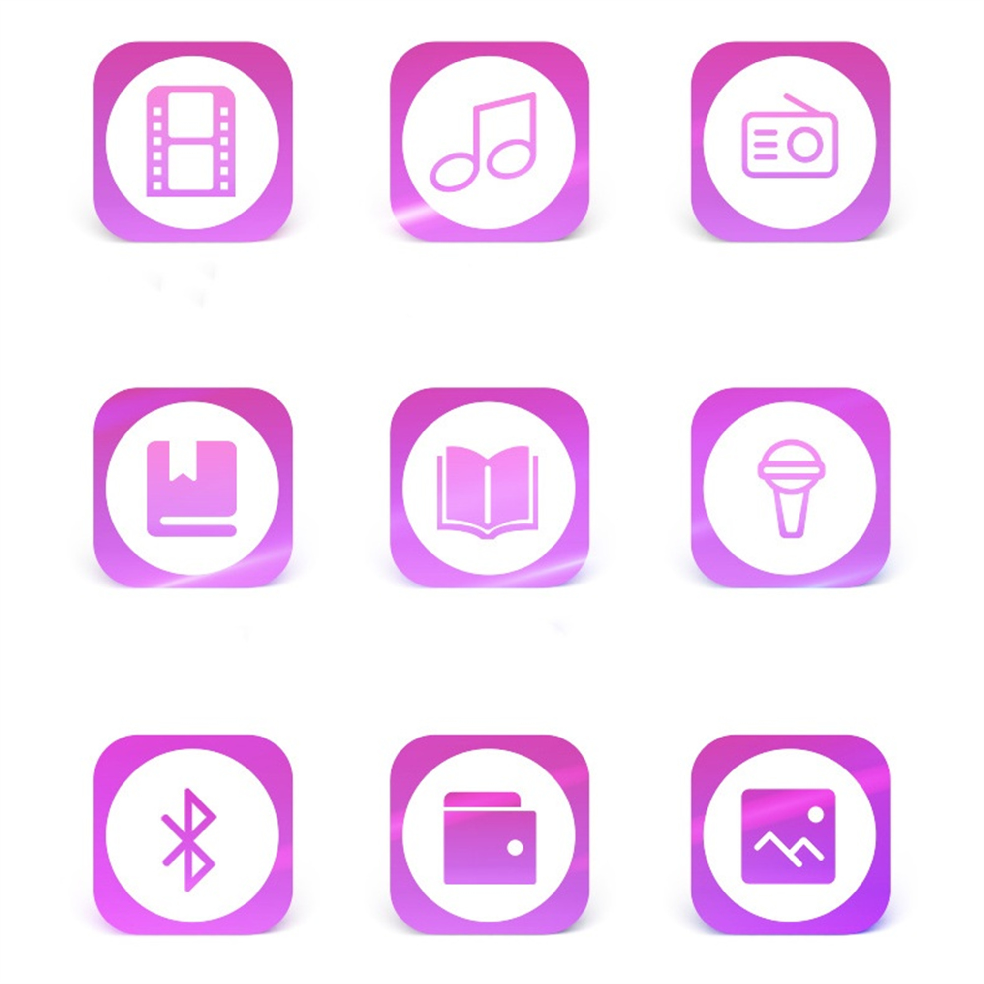 Neun App-Symbole auf pinkem Hintergrund. Symbole sind Filmrolle, Musiknote, Radio, Buch, Mikrofon.