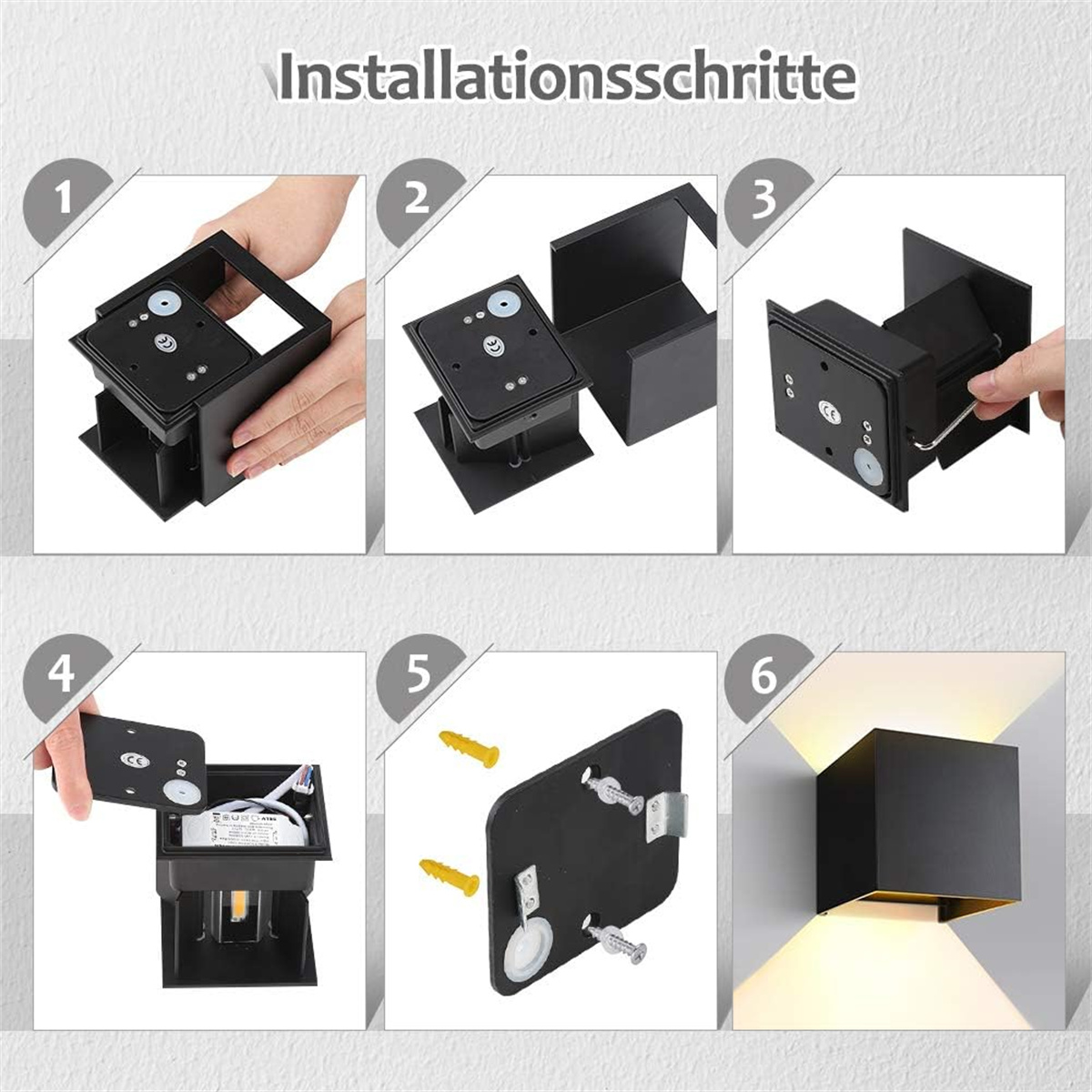 Sechs Schritte zur Installation einer schwarzen Leuchte.