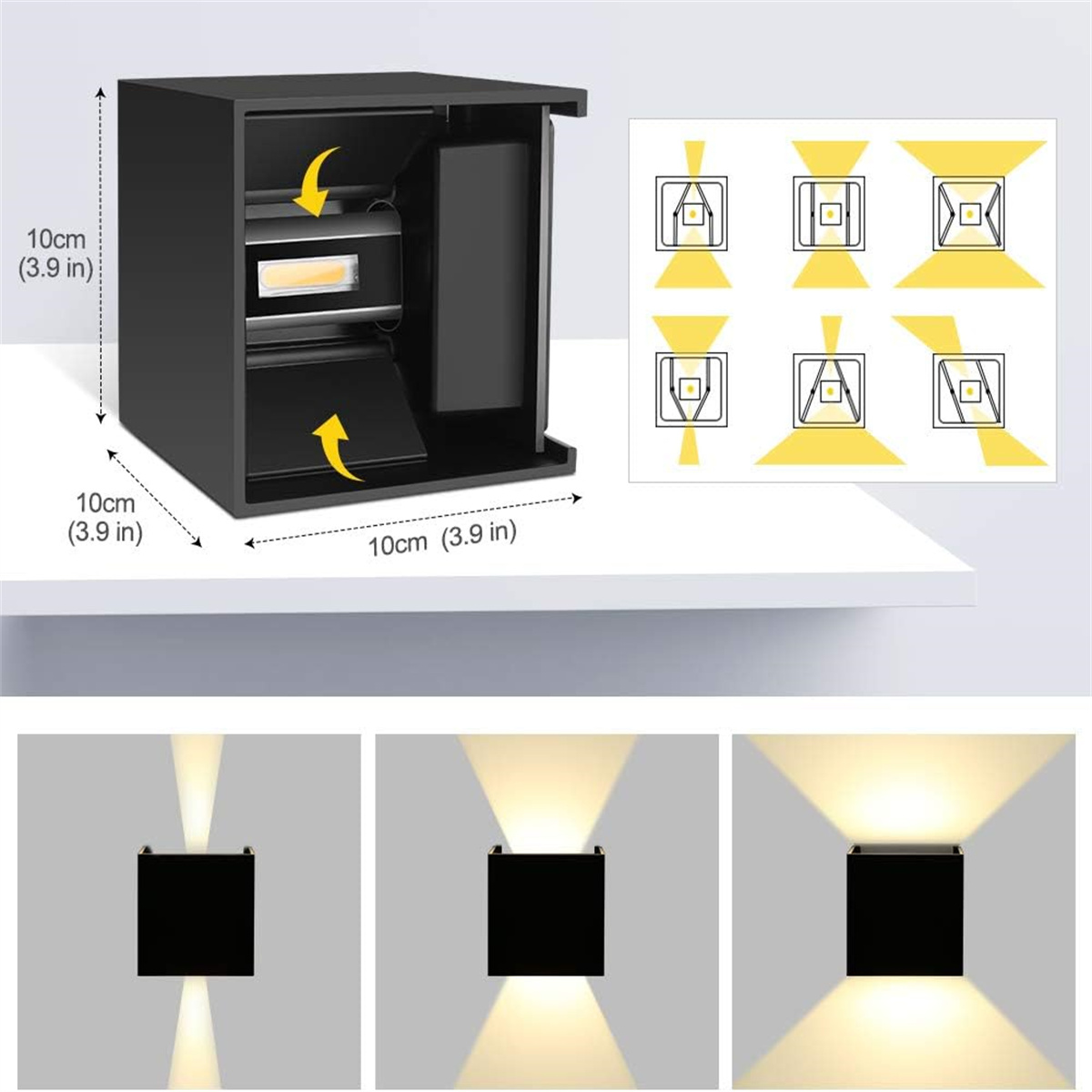 Schwarze Außenleuchte. Zeigt die Lichtverteilungsmuster mit Diagrammen auf der rechten Seite.