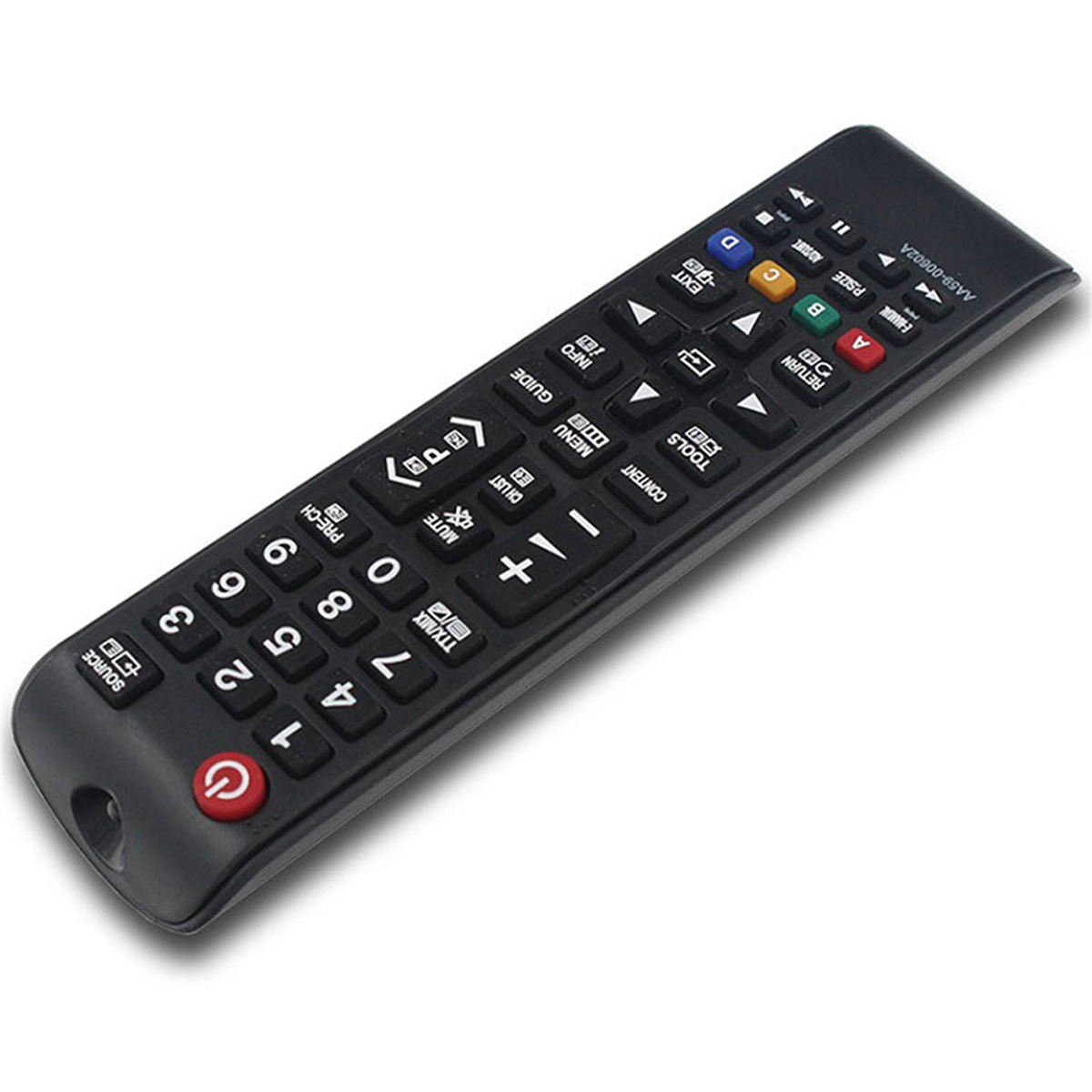 Schwarze TV-Fernbedienung mit vielen Tasten. Roter Power-Button unten. Silberne Tasten oben.